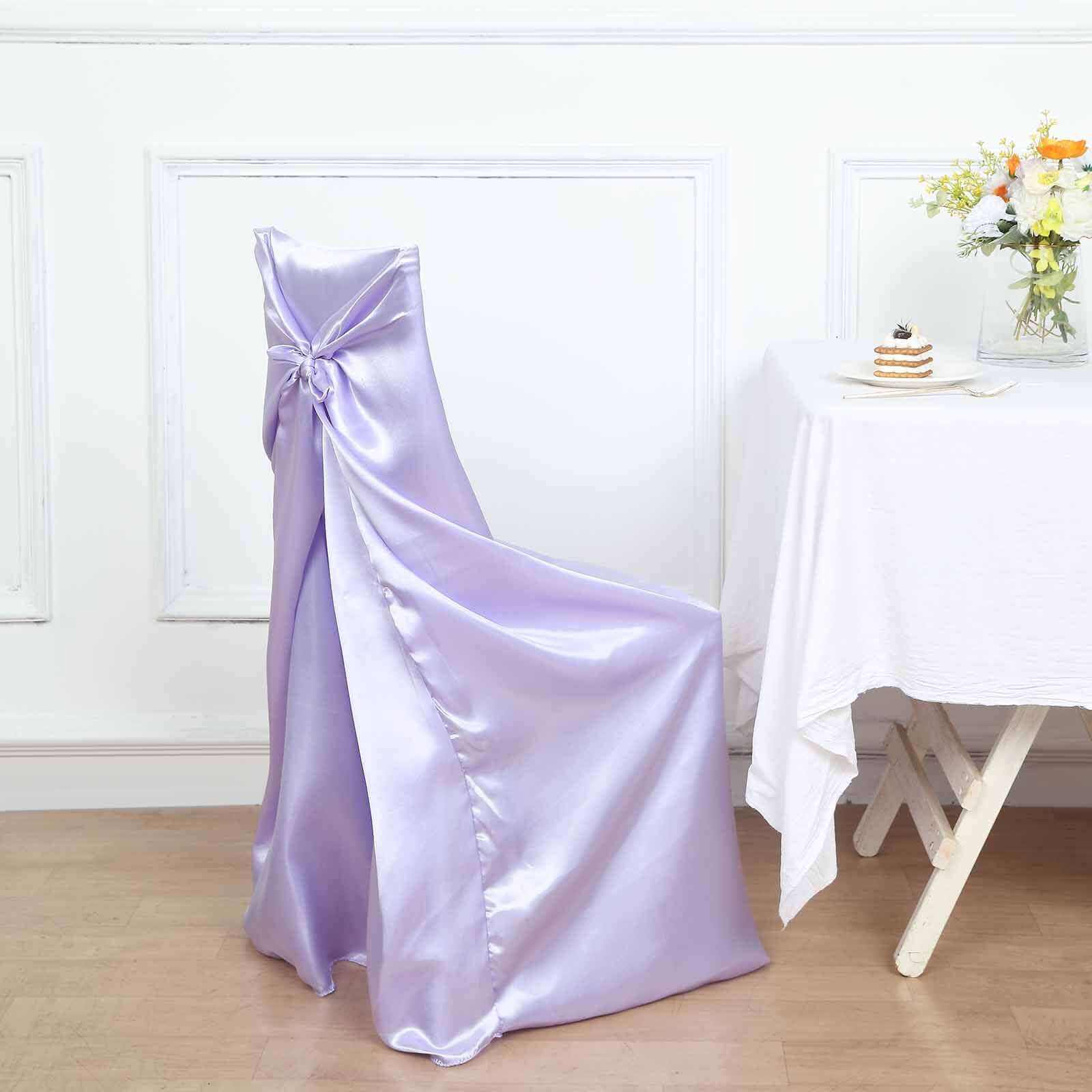 Satin Chair Cover Self-Tie Universal Design Lavender Lilac - Durable Slip-On Cover for Folding, Dining, Banquet & Standard Chairs