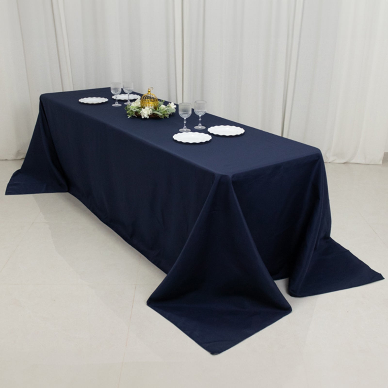 Fire Retardant Premium Polyester 90"x156" Rectangular Tablecloth Navy Blue - High-Performance Seamless Table Cover