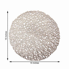 6-Pack Vinyl Placemats Champagne Woven Design - Durable Non-Slip Round Table Mats for Dining 15"