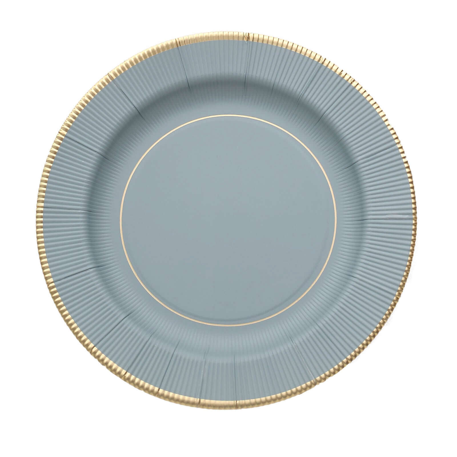 25-Pack Paper 8" Round Dessert Plates in Dusty Blue Sunray Design with Gold Rim - Disposable Heavy Duty 350GSM Appetizer Salad Plates