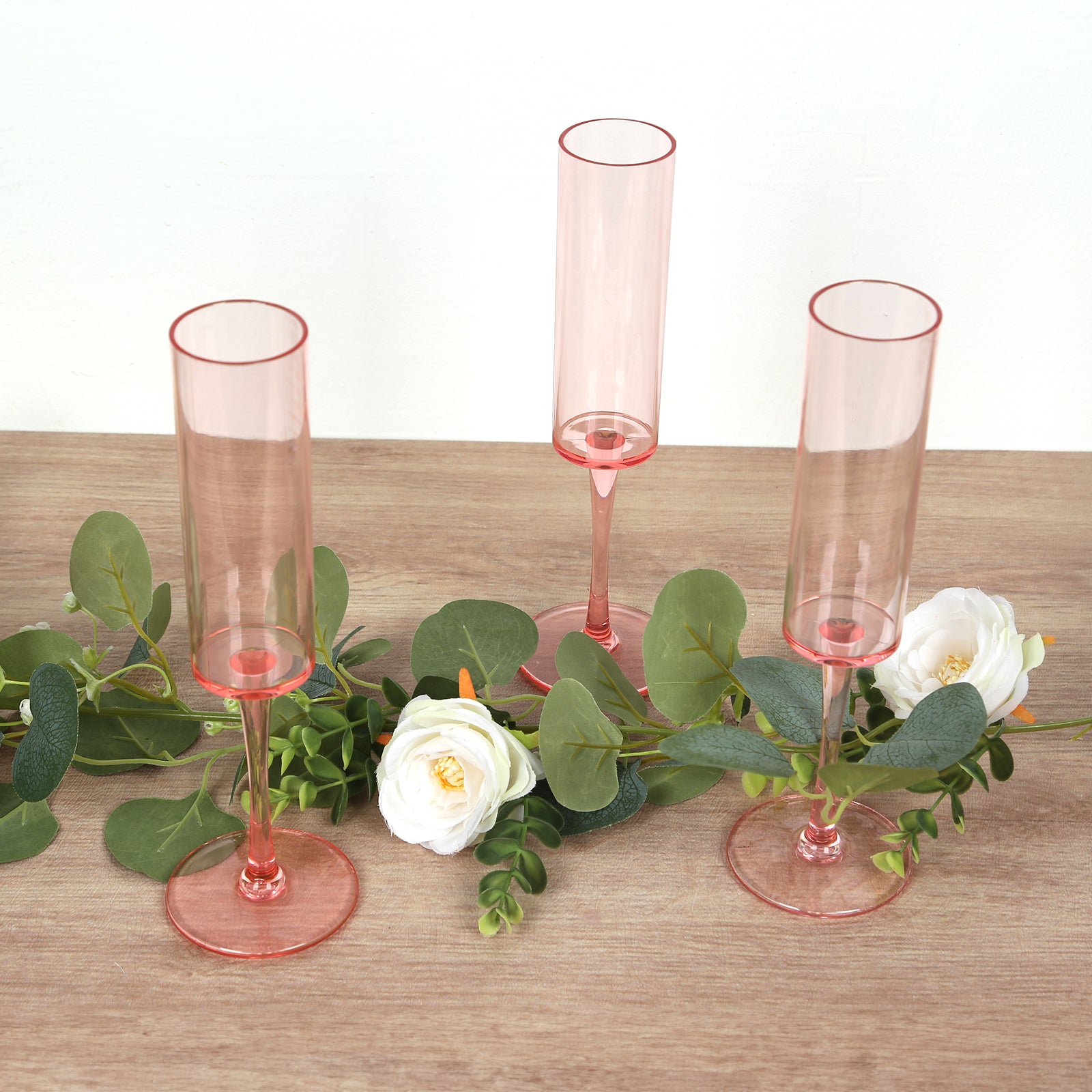 6-Pack Plastic Wine Mimosa Goblets Transparent Blush Cylindrical Shape - Reusable Champagne Flute Glasses 9.5" Tall 6oz