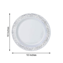 10-Pack Plastic Dinner Plates White with Fancy Silver Lace Rim - Stylish Disposable Plates for Events 10"