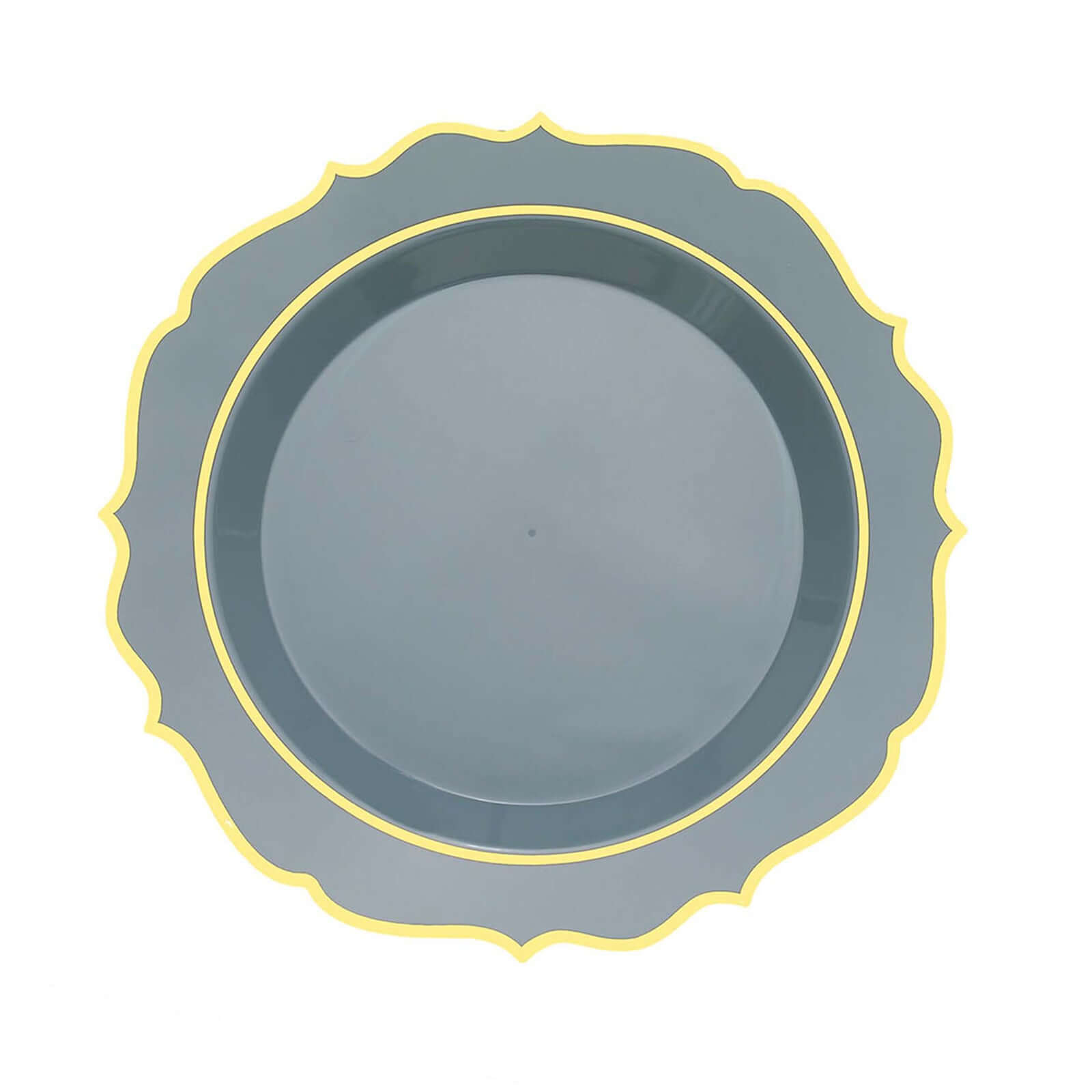 10-Pack Plastic 8" Round Dessert Plates in Dusty Blue with Gold Scalloped Rim - Disposable Appetizer/Salad Plates