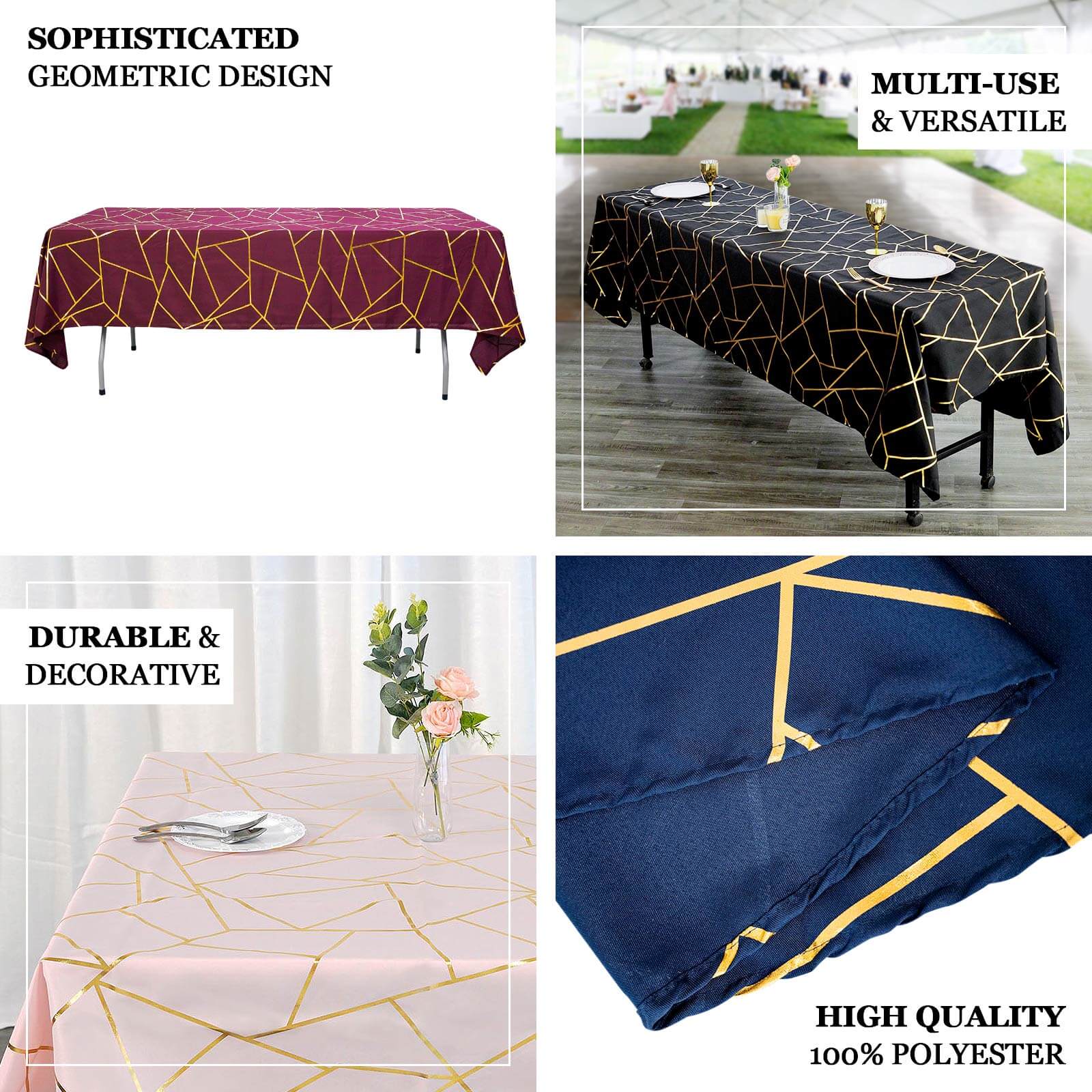 Polyester 60"x102" Rectangle Tablecloth Sage Green with Gold Foil Geometric Pattern - Wrinkle-Resistant & Durable Table Cover