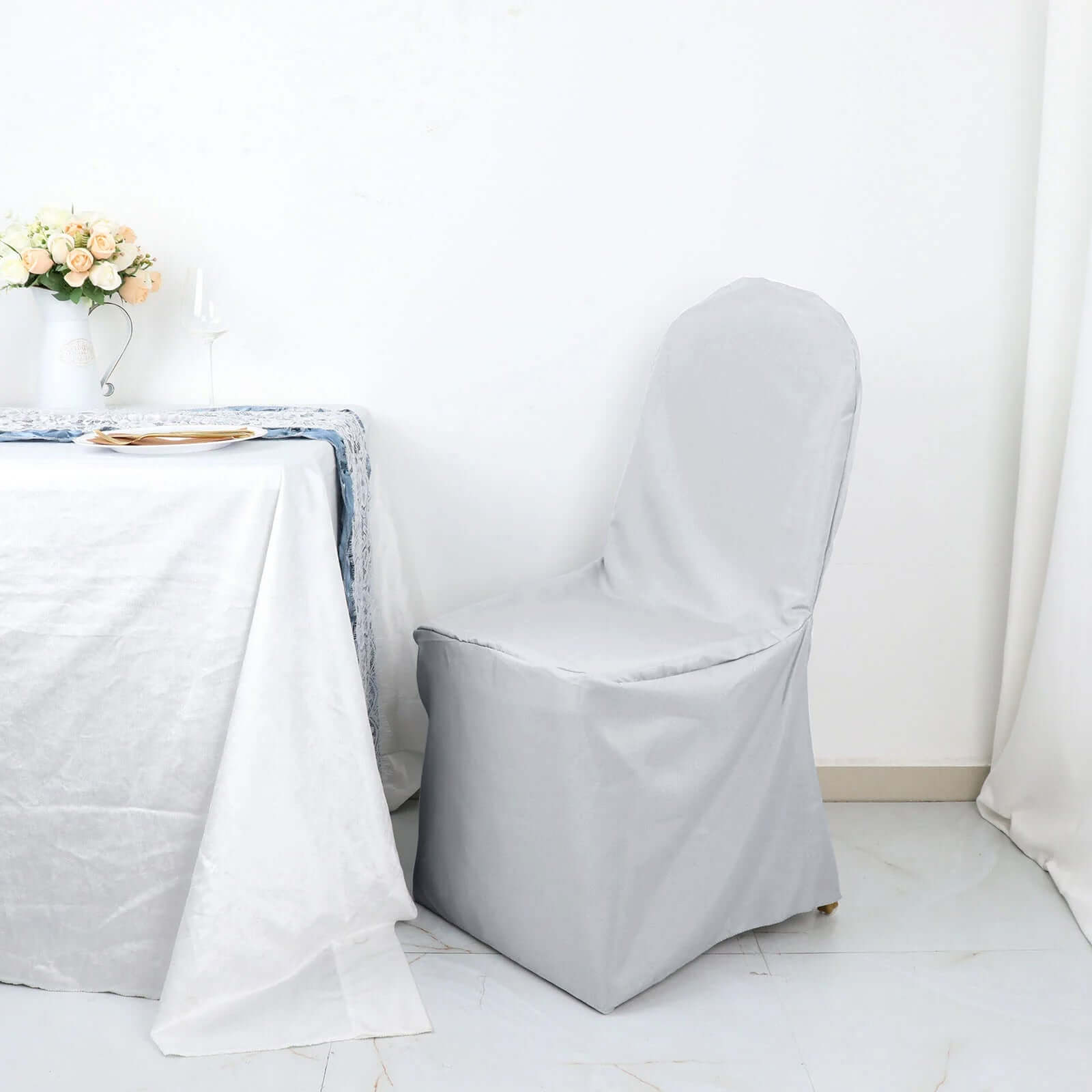 Polyester Slip On Banquet Chair Covers Silver - Stain-Resistant Reusable Durable Fabric