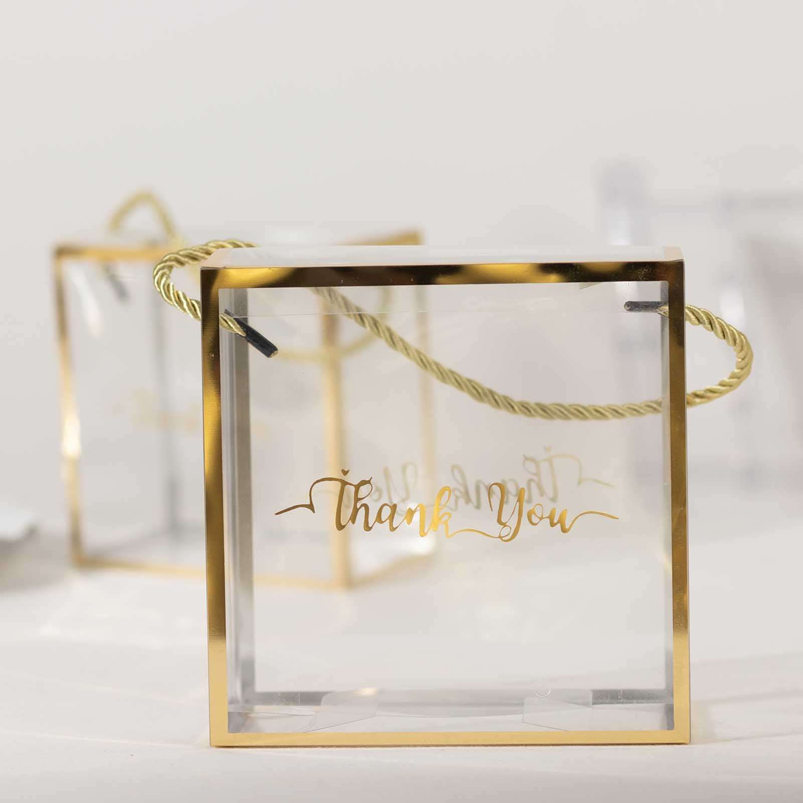 25 Pack Gold Trimmed Clear PVC Gift Boxes with Rope Handles and Thank You Print, Transparent Portable Candy Favor Boxes - 5.5"x5.5"