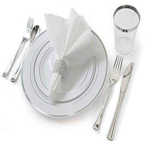 10-Pack Plastic Dessert Plates White with Très Chic Silver Rim - Disposable Plates for Appetizers 6"
