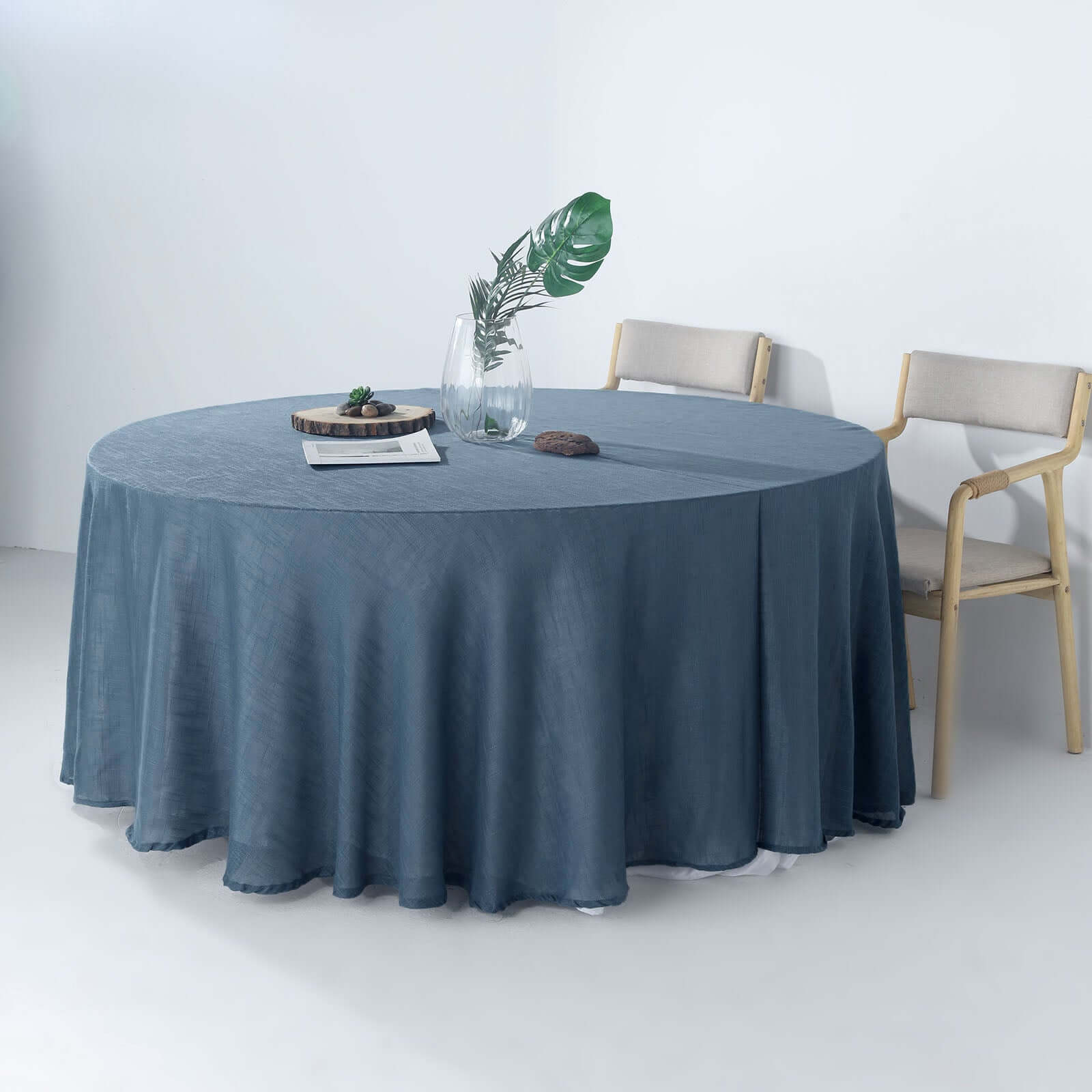 Faux Linen 120" Round Tablecloth Blue - Slubby Texture Wrinkle-Resistant Seamless Table Cover