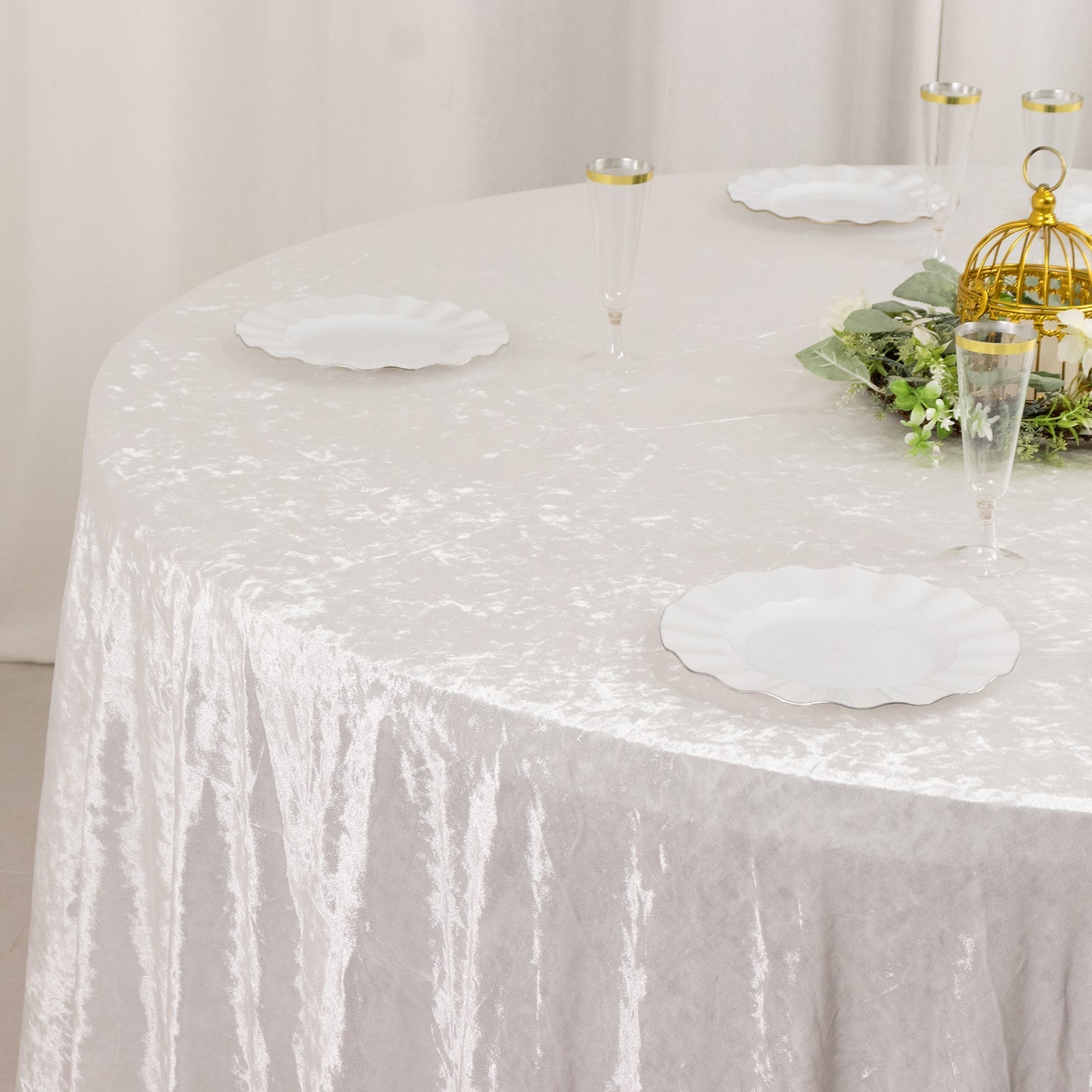 Premium Crushed Velvet 120" Round Tablecloth White - Reusable Soft & Stylish Seamless Table Cover