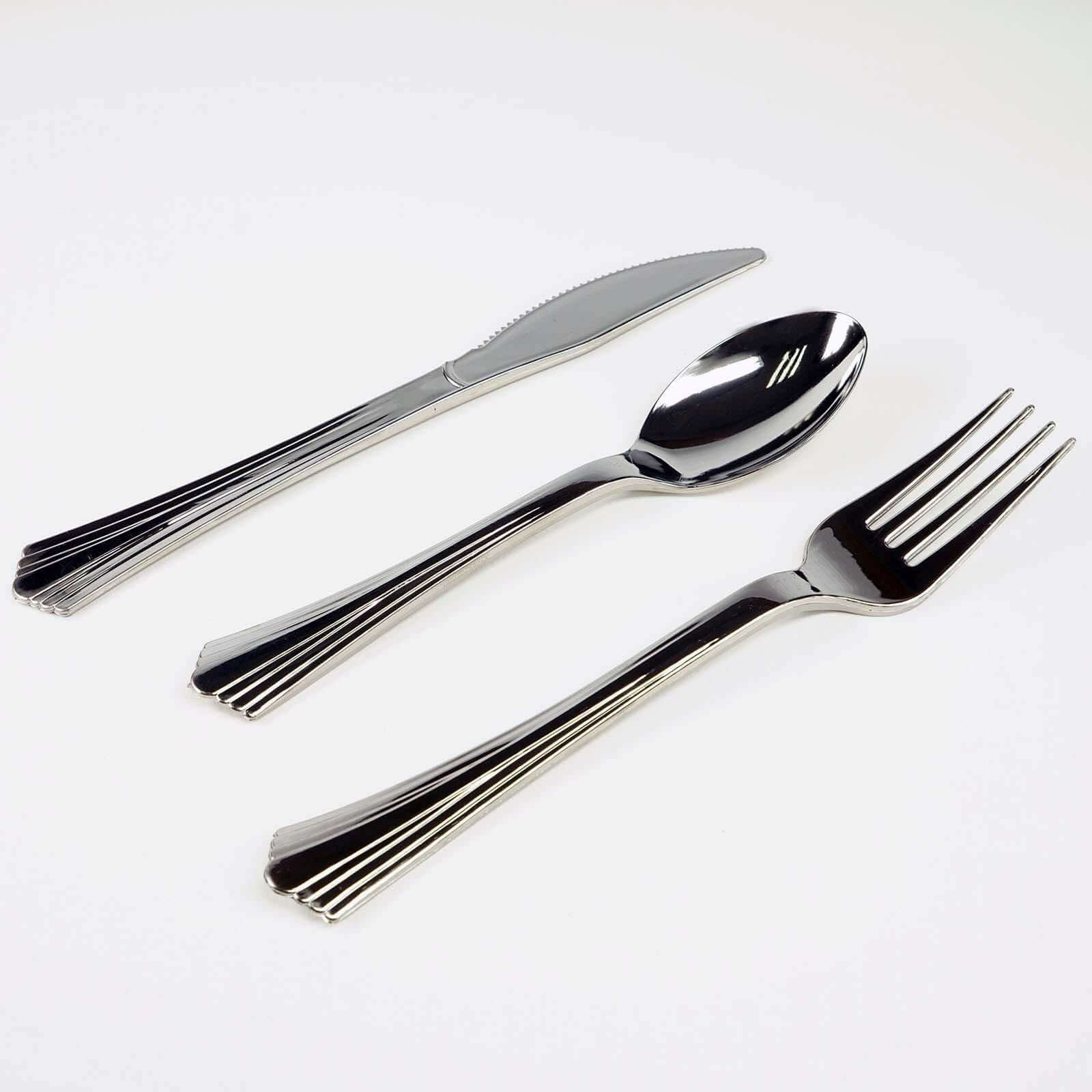 24-Pack Plastic Utensil Set Silver Heavy Duty with Fluted Handles - Durable Disposable Silverware 6", 7"