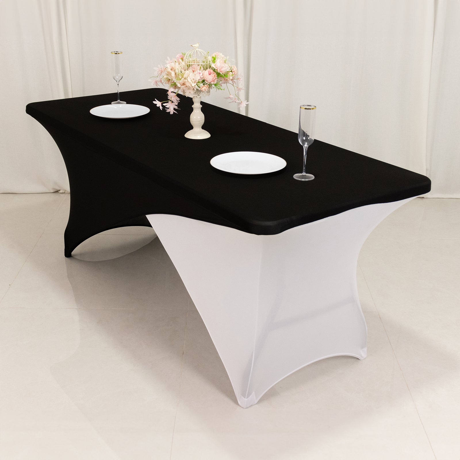 Stretch Spandex 72"x30" Rectangle Table Cover Black/White Cross Over Design - Versatile & Sleek Two-Piece Fitted Tablecloth with Elastic Foot Pockets