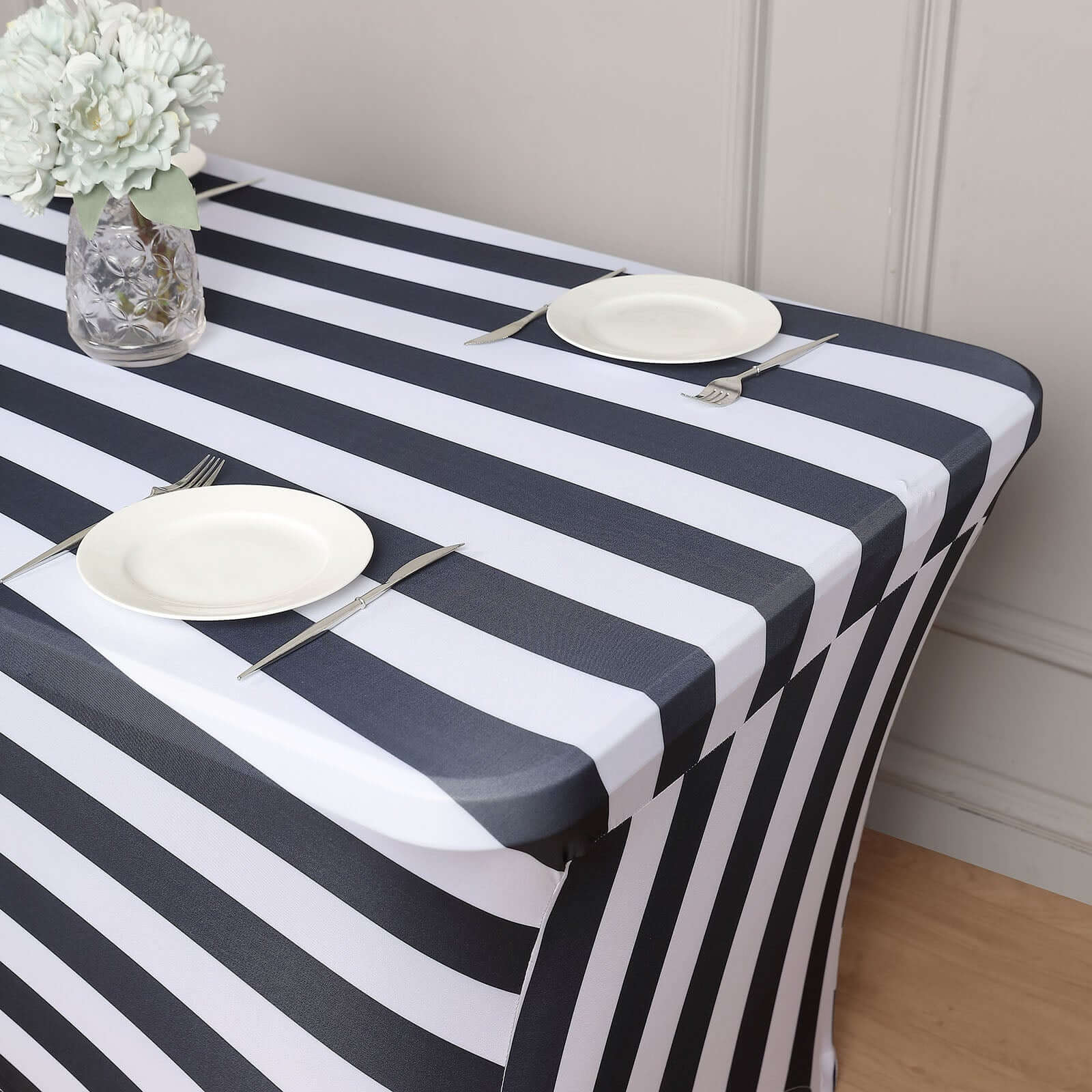 Stretch Spandex 72"x30" Rectangle Tablecloth Black/White Vertical Stripes - Durable Form-Fitting Table Cover for Events & Presentations