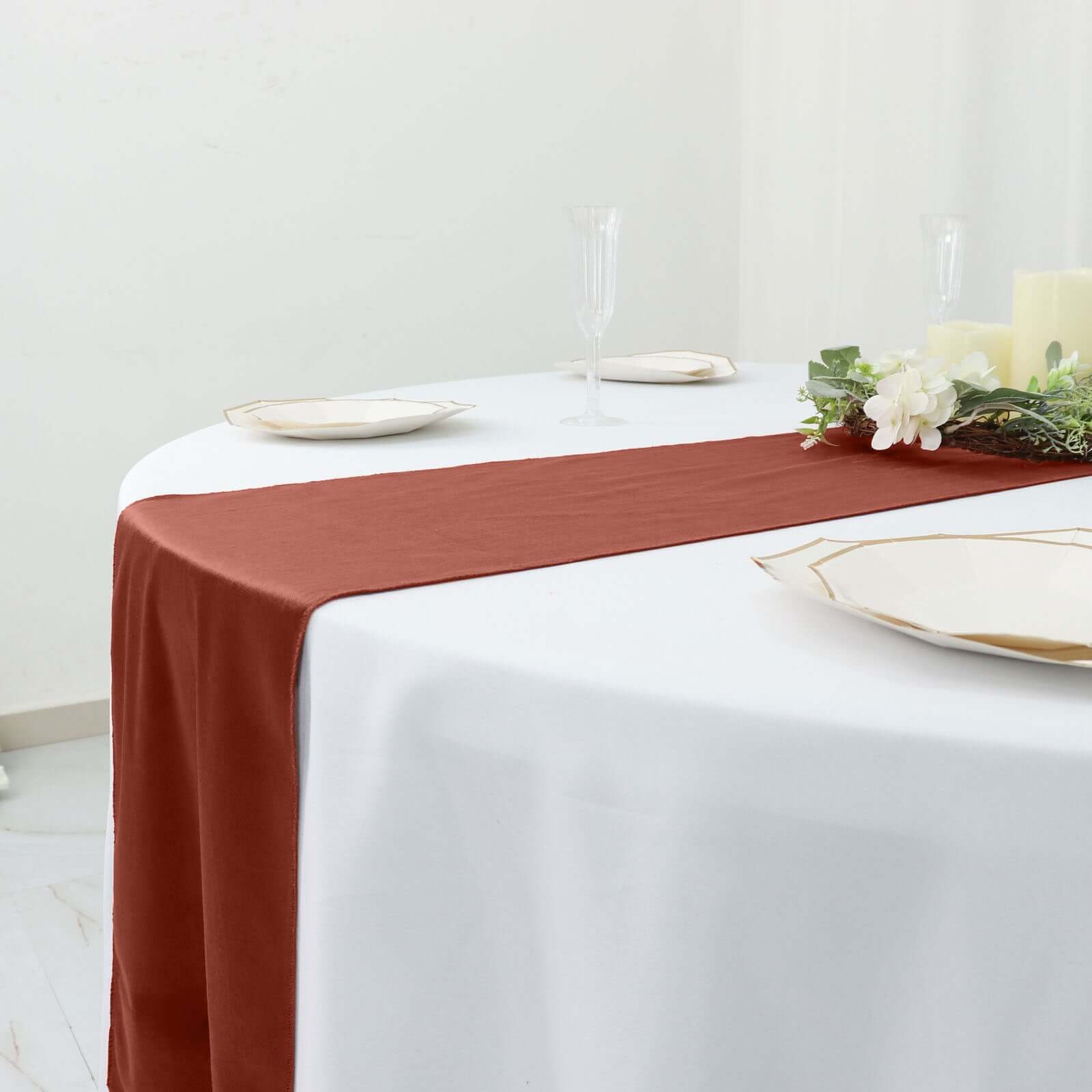 Premium Velvet 12"x108" Table Runner Terracotta (Rust) - Sheen Finish Reusable Table Decor