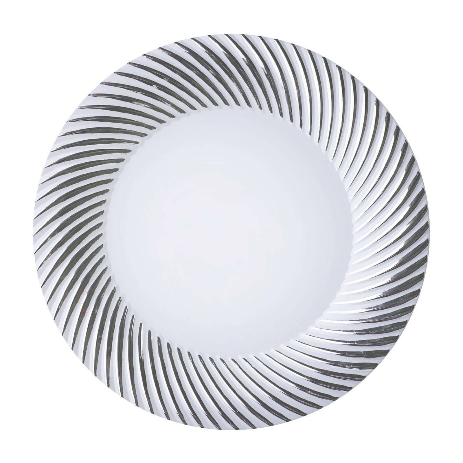 10-Pack Plastic 9" Round Dinner Plates White with Silver Swirl Rim - Disposable Party Plates