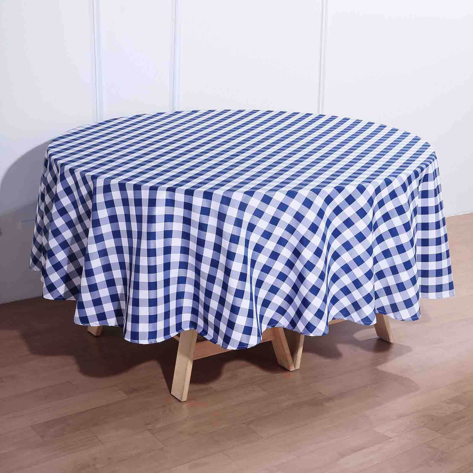 Polyester 90" Round Tablecloth White/Navy Blue - Checkered Buffalo Plaid Table Cover