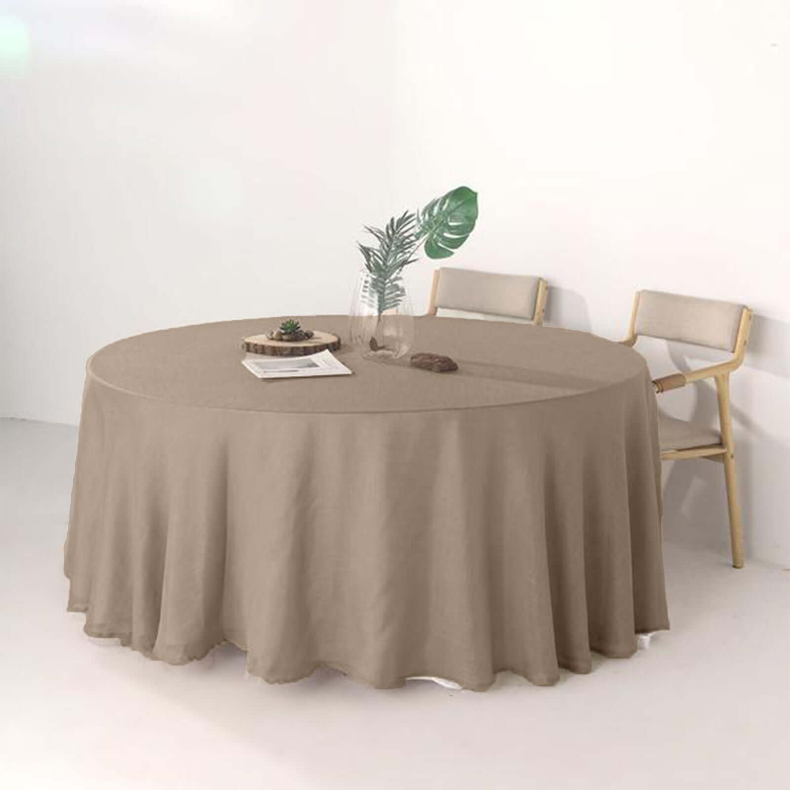Faux Linen 120" Round Tablecloth Taupe - Slubby Texture Wrinkle-Resistant Seamless Table Cover