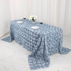 Satin 90"x132" Rectangle Tablecloth Dusty Blue - Grandiose 3D Rosette Seamless Table Cover