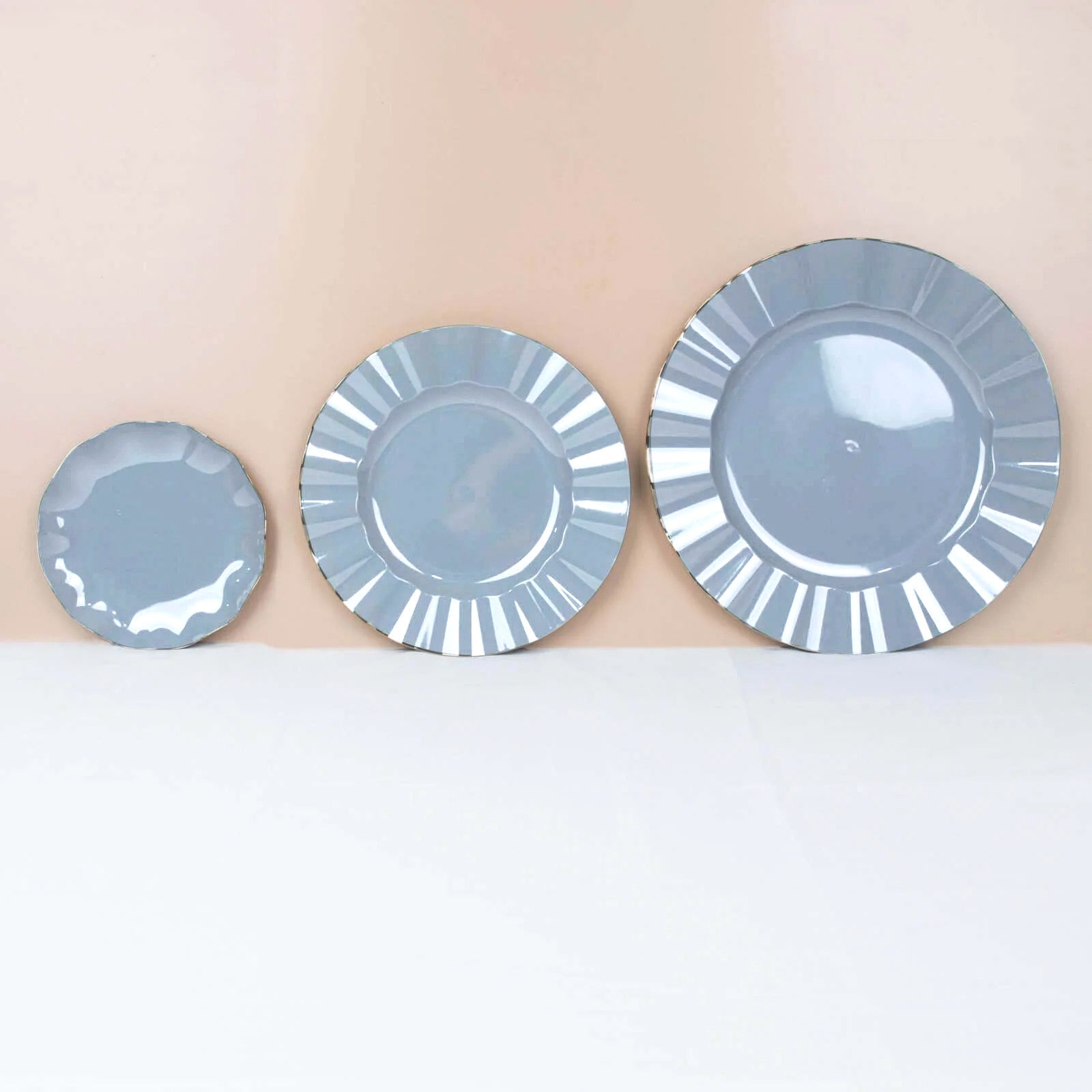 10-Pack Plastic Round 6" Dessert Plates in Dusty Blue Ruffled Rim with Gold Edging - Sturdy Disposable Salad Appetizer Dinnerware