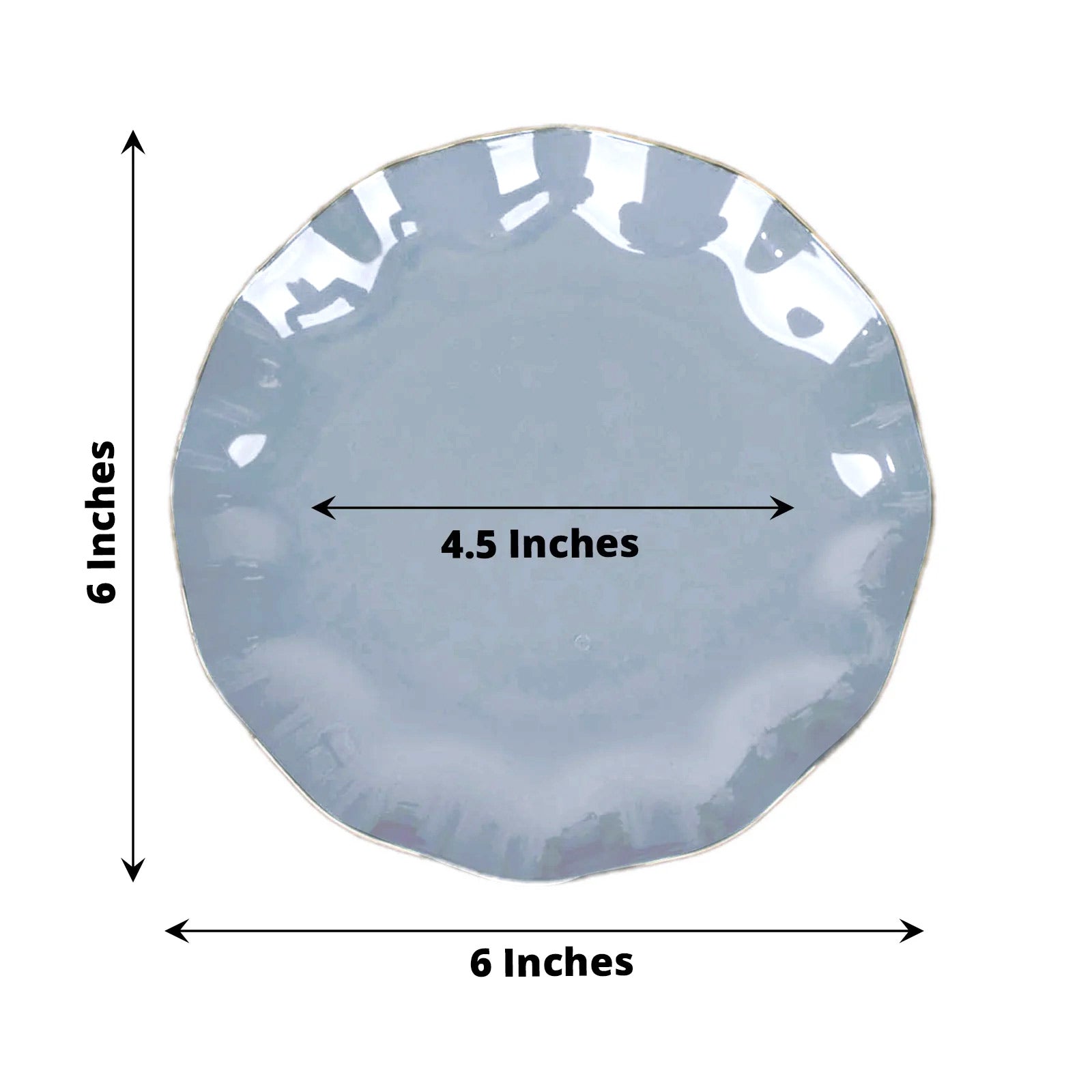 10-Pack Plastic Round 6" Dessert Plates in Dusty Blue Ruffled Rim with Gold Edging - Sturdy Disposable Salad Appetizer Dinnerware