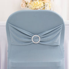 Stretch Spandex Chair Cover Dusty Blue for Folding Chairs - Secure Fit Slipcover with Silver Rhinestone Buckled Sash Band