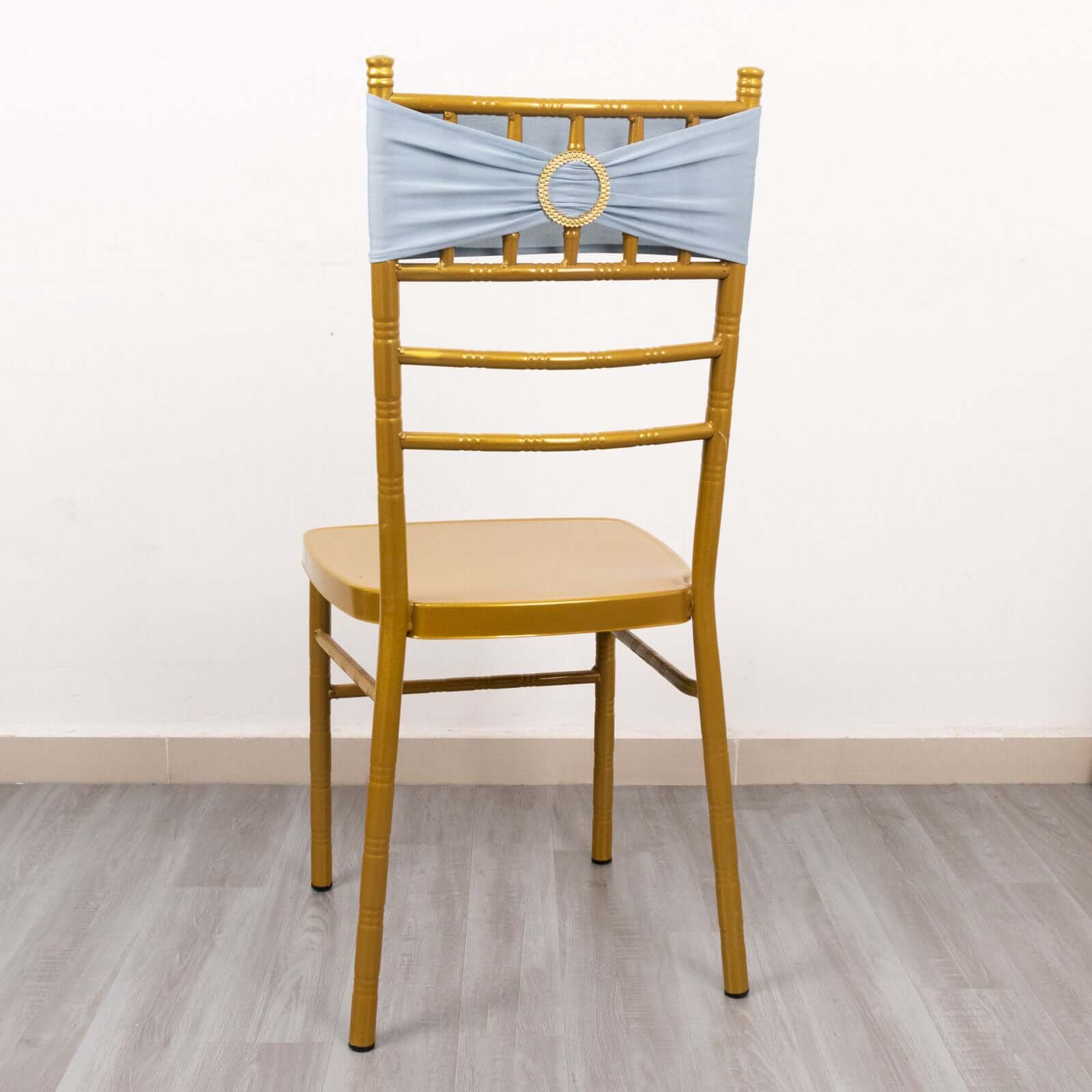 5 Pack Spandex Chair Sashes Dusty Blue with Gold Rhinestone Buckles - Reusable Four-Way Stretch Sash Bands 5"x14"