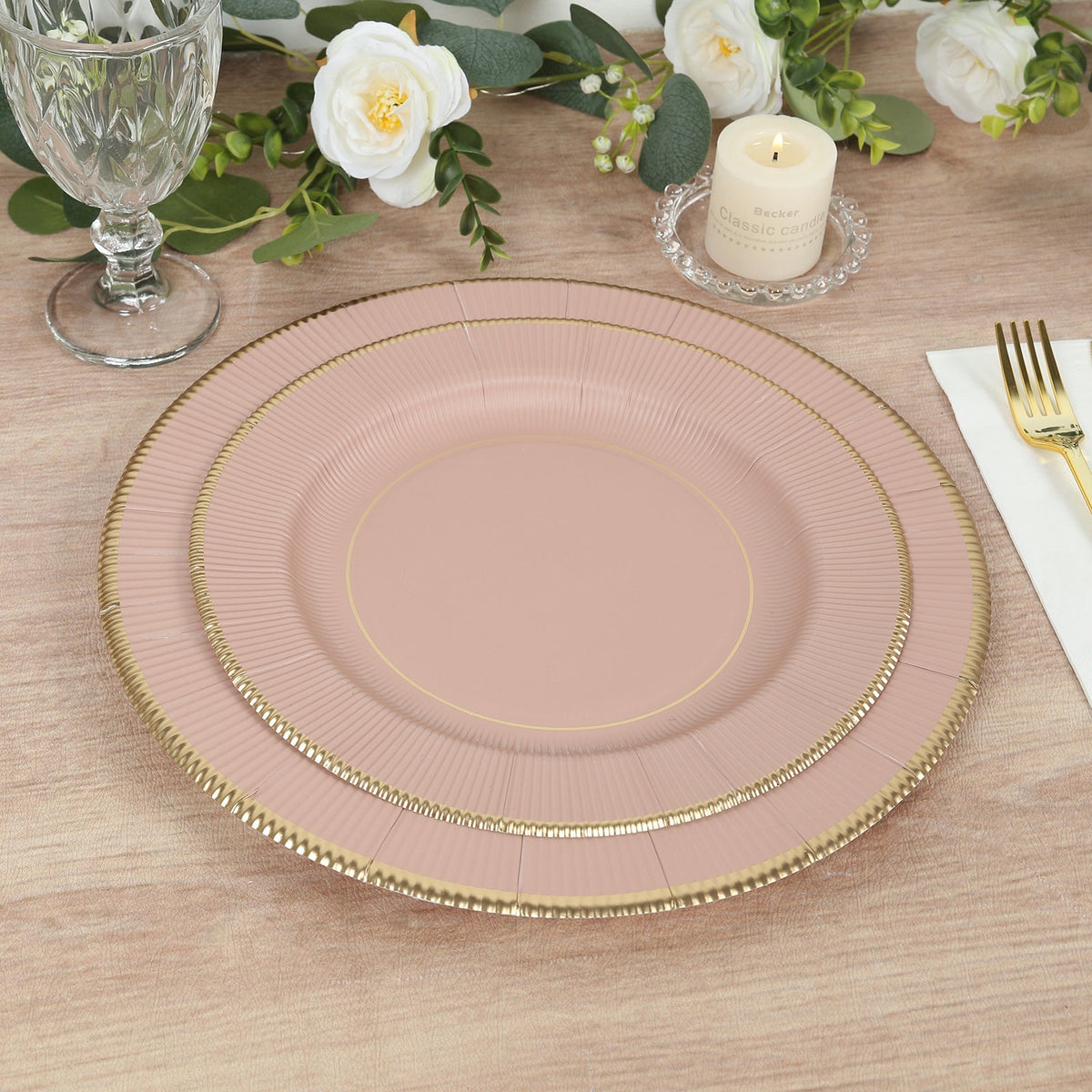 25-Pack Paper 10" Round Dinner Plates in Dusty Rose Sunray Design with Gold Rim - Disposable Heavy Duty 350GSM Party Plates