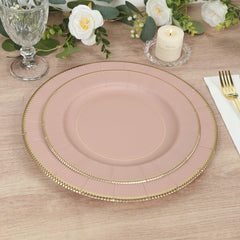 25-Pack Paper 10" Round Dinner Plates in Dusty Rose Sunray Design with Gold Rim - Disposable Heavy Duty 350GSM Party Plates