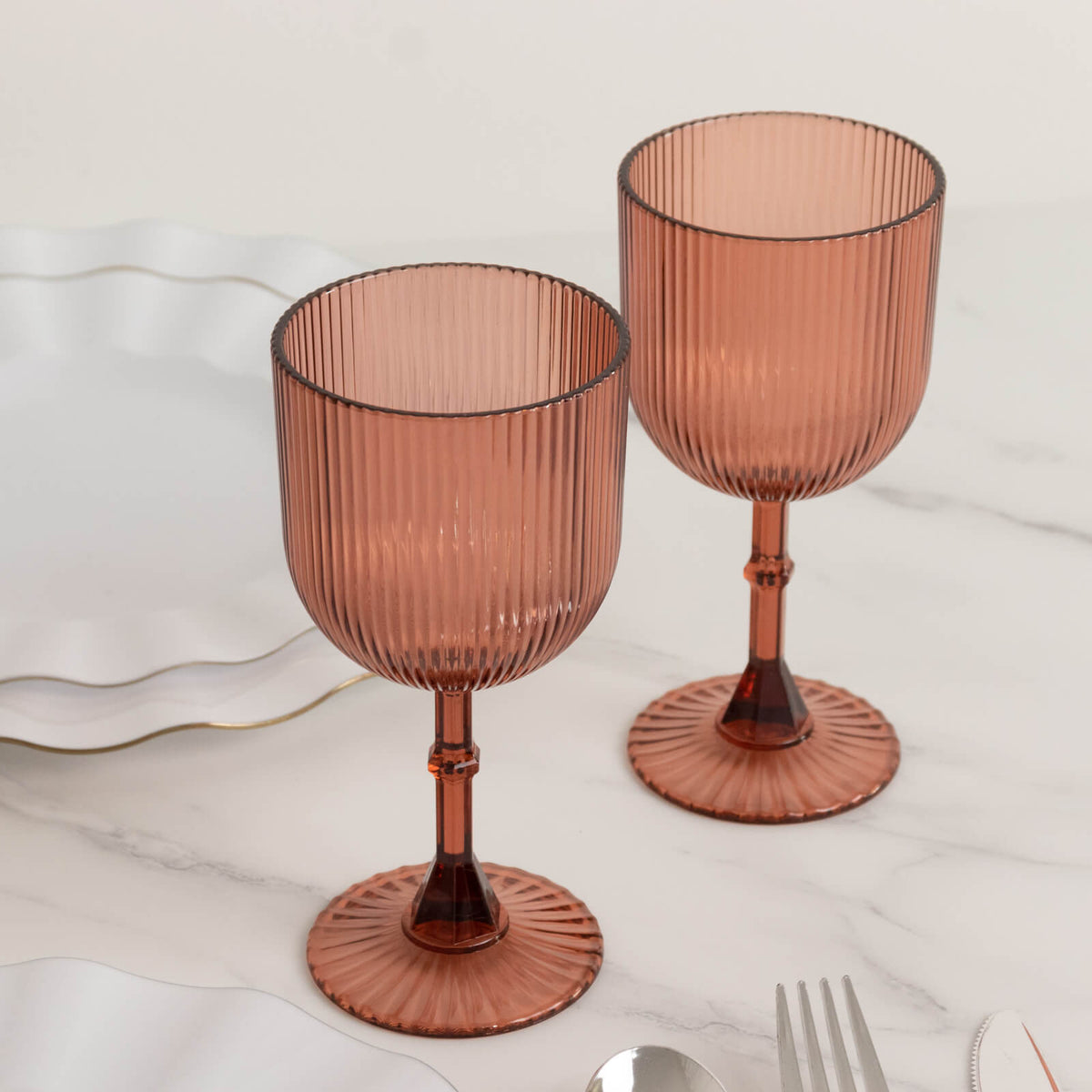 12-Pack Plastic Goblets Dusty Rose Vintage Ribbed Pattern - Reusable Shatterproof Glassware 9oz