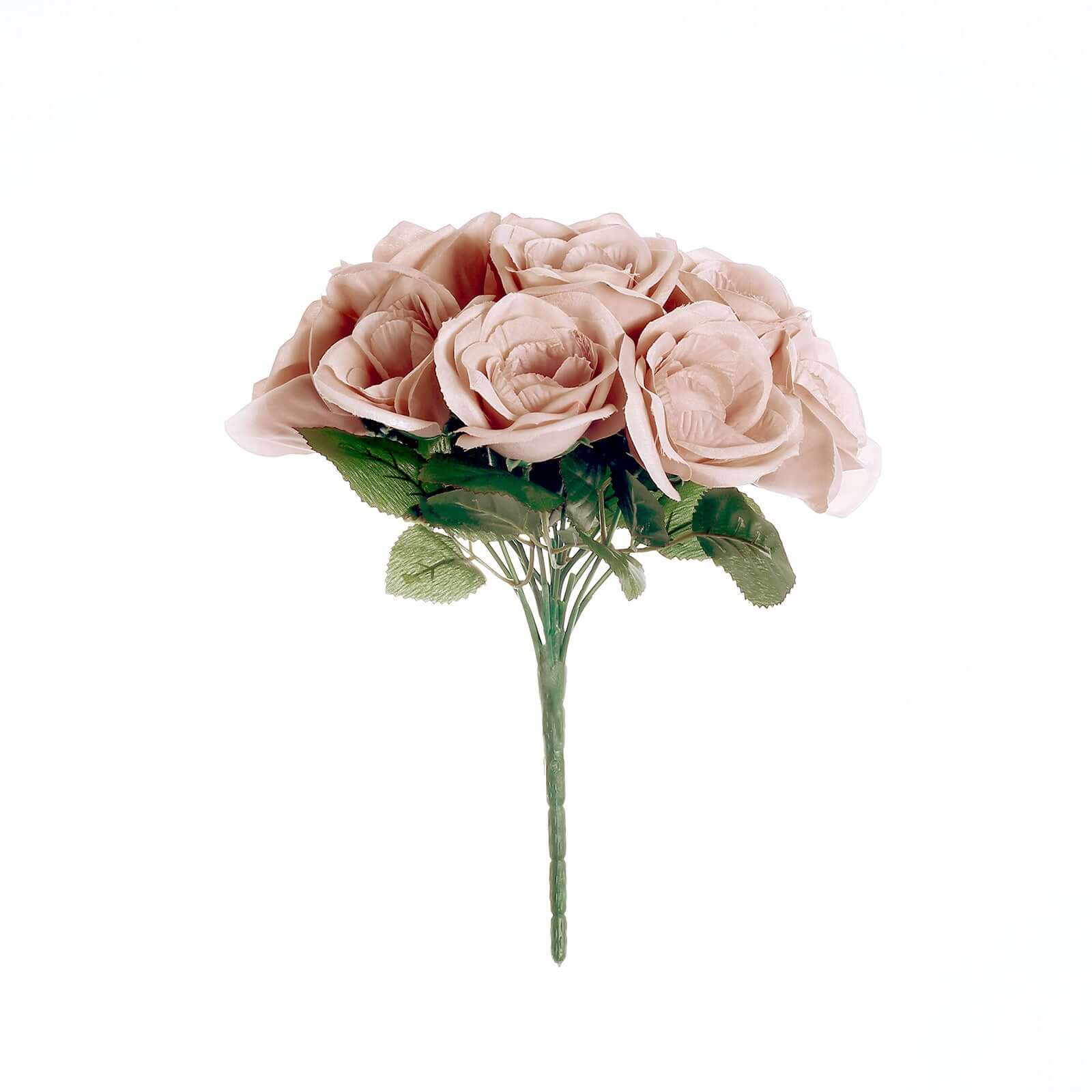 12" Dusty Rose Artificial Velvet-Like Fabric Rose Flower Bouquet Bush