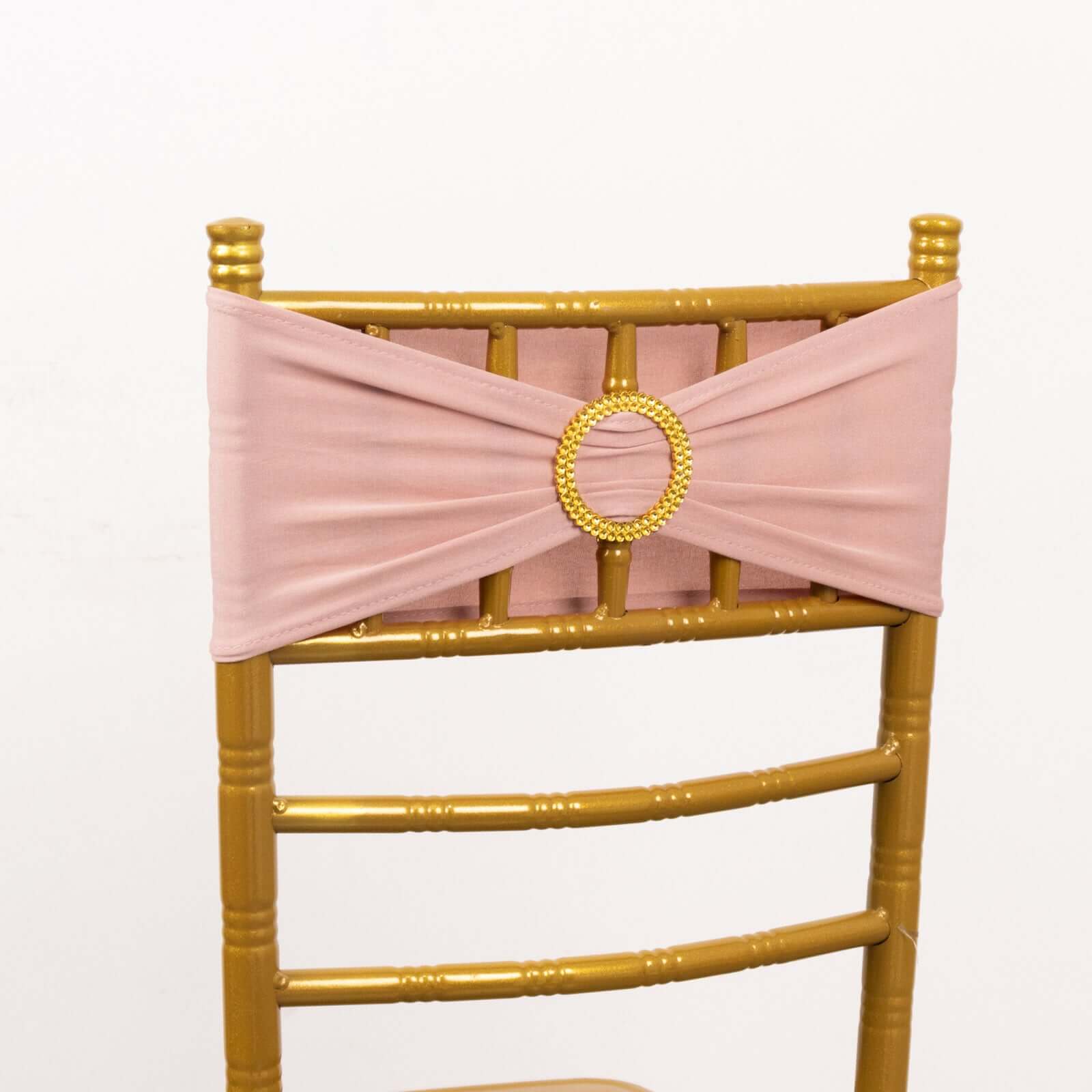 5 Pack Spandex Chair Sashes Dusty Rose with Gold Rhinestone Buckles - Reusable Four-Way Stretch Sash Bands 5"x14"