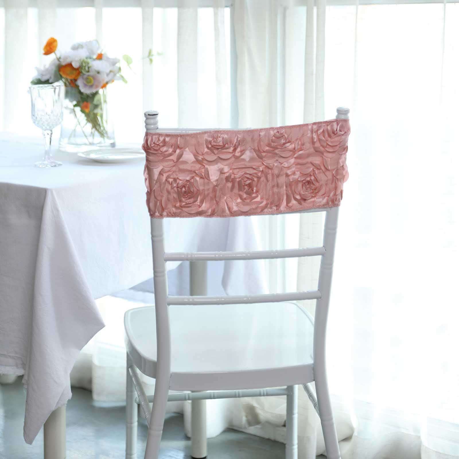 5 Pack Satin Spandex Chair Sashes Dusty Rose - Rosette Design Stretch Chair Bands 6"x14"