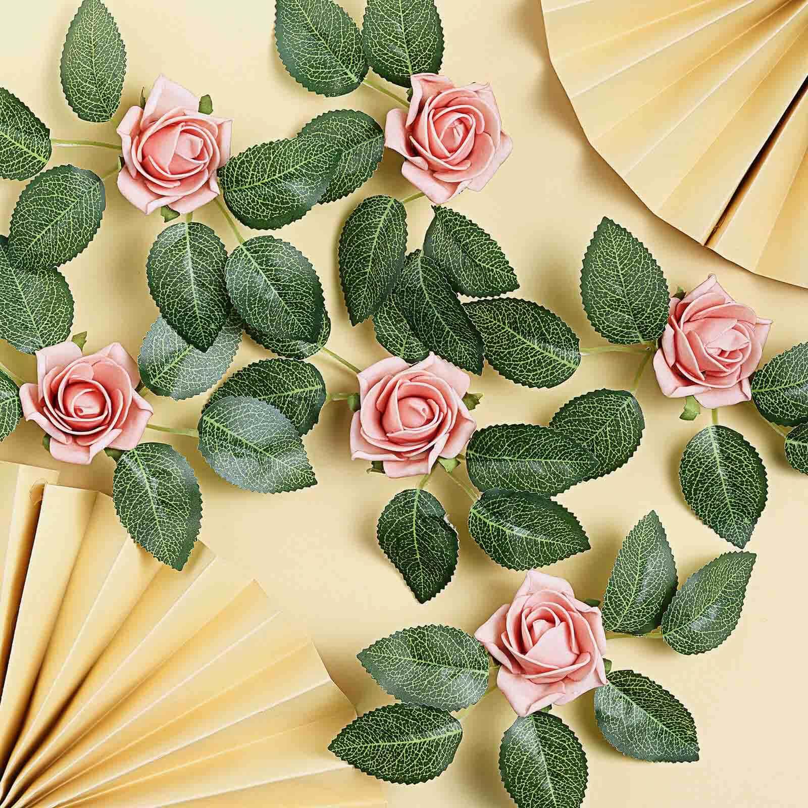 24 Roses 2" Dusty Rose Artificial Foam Flowers With Stem Wire and Leaves