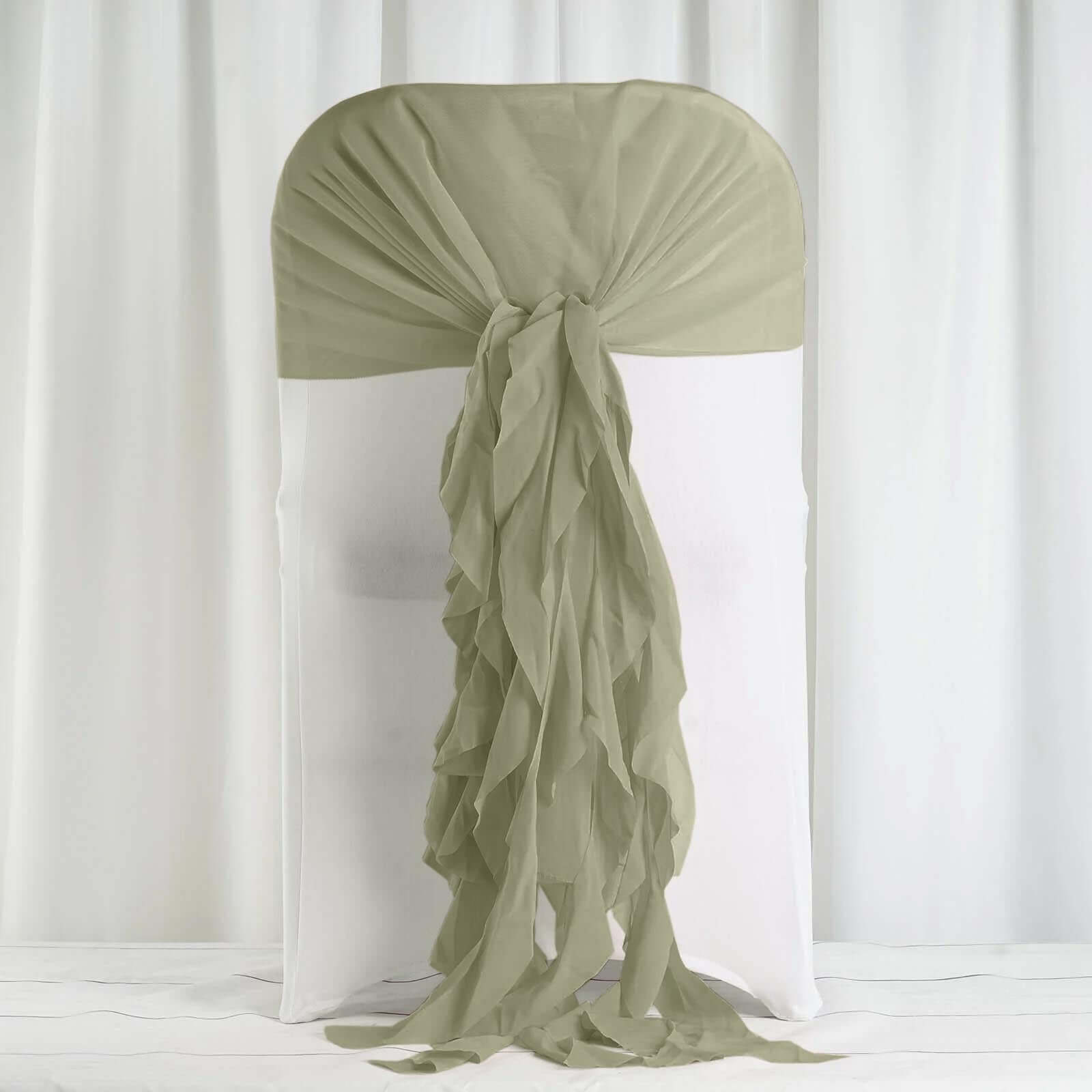 1 Set Chiffon Hoods Chair Sashes with Willow Ruffles Design Dusty Sage Green - Stylish Chair Bow Decor