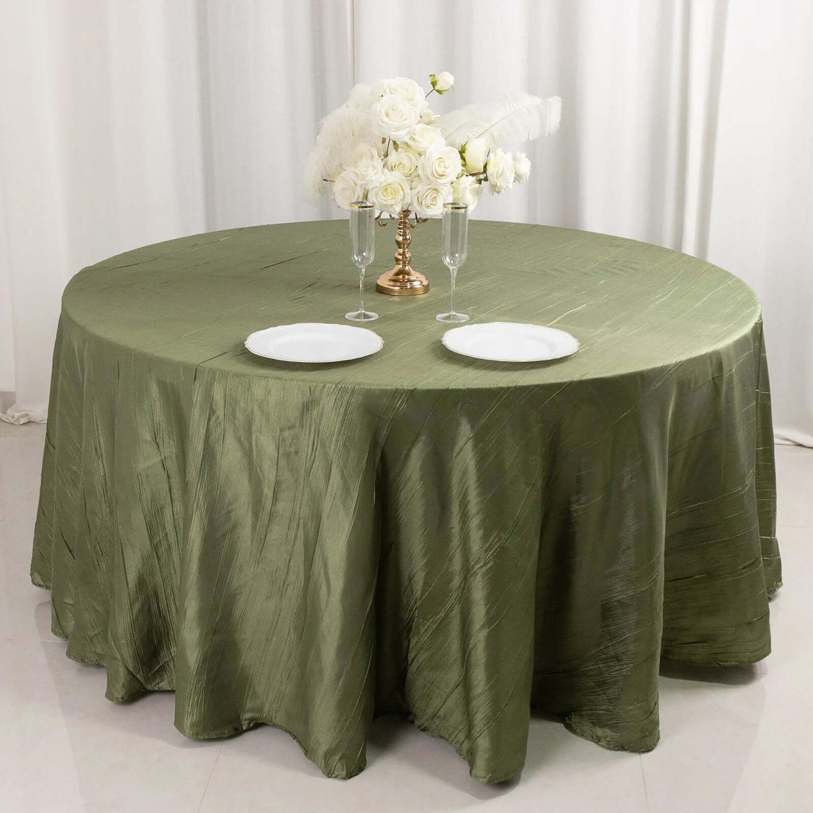 Taffeta 120" Round Tablecloth Dusty Sage Green - Seamless Accordion Crinkle Table Cover