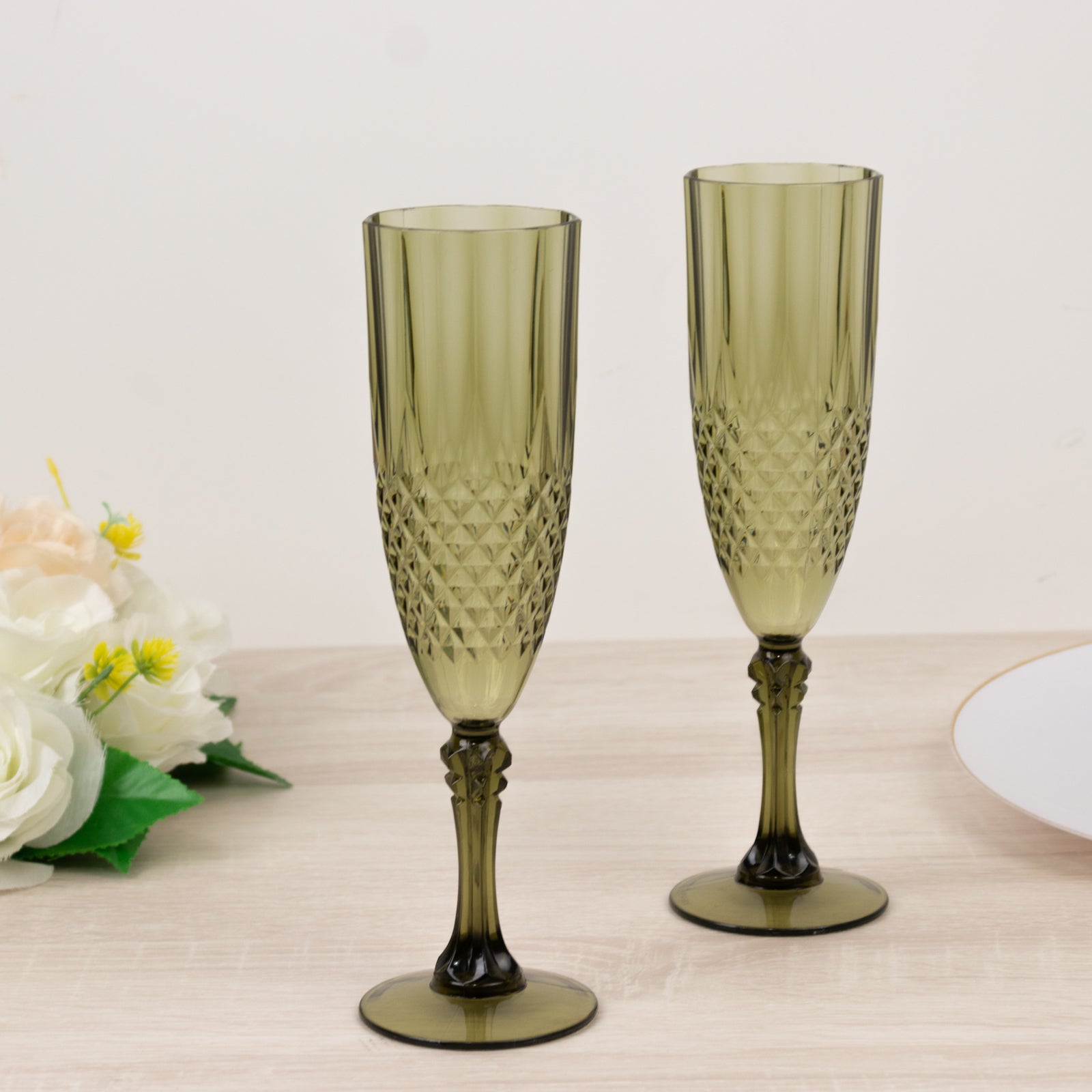 6-Pack Plastic Wedding Toast Flutes Dusty Sage Green Transparent Crystal Cut Style - Reusable Champagne Glasses 8oz