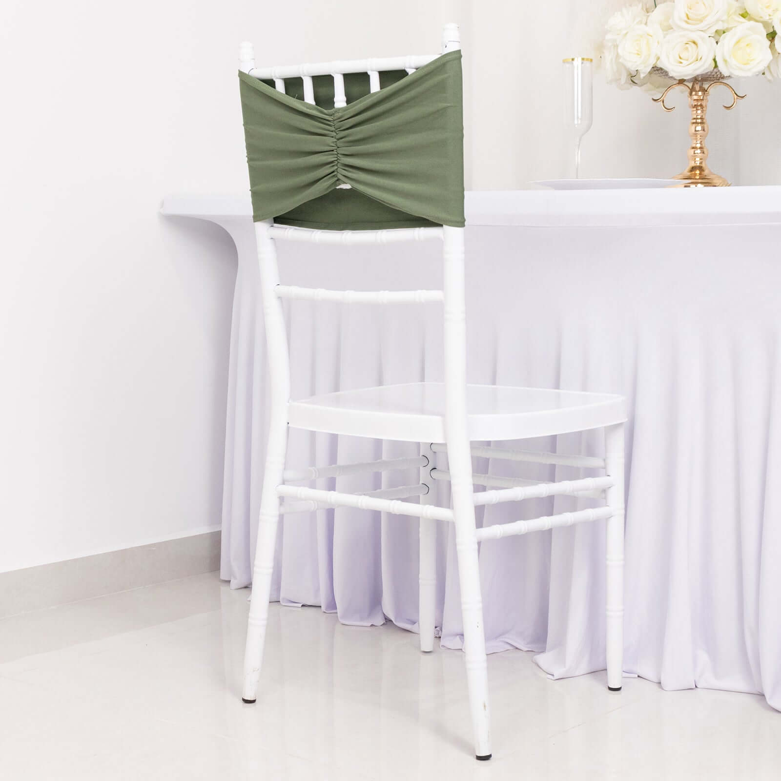 5 Pack Spandex Chair Sashes Dusty Sage Green Ruffled Style - Wide Easy to Use Stretch Chair Bands 8"x13"