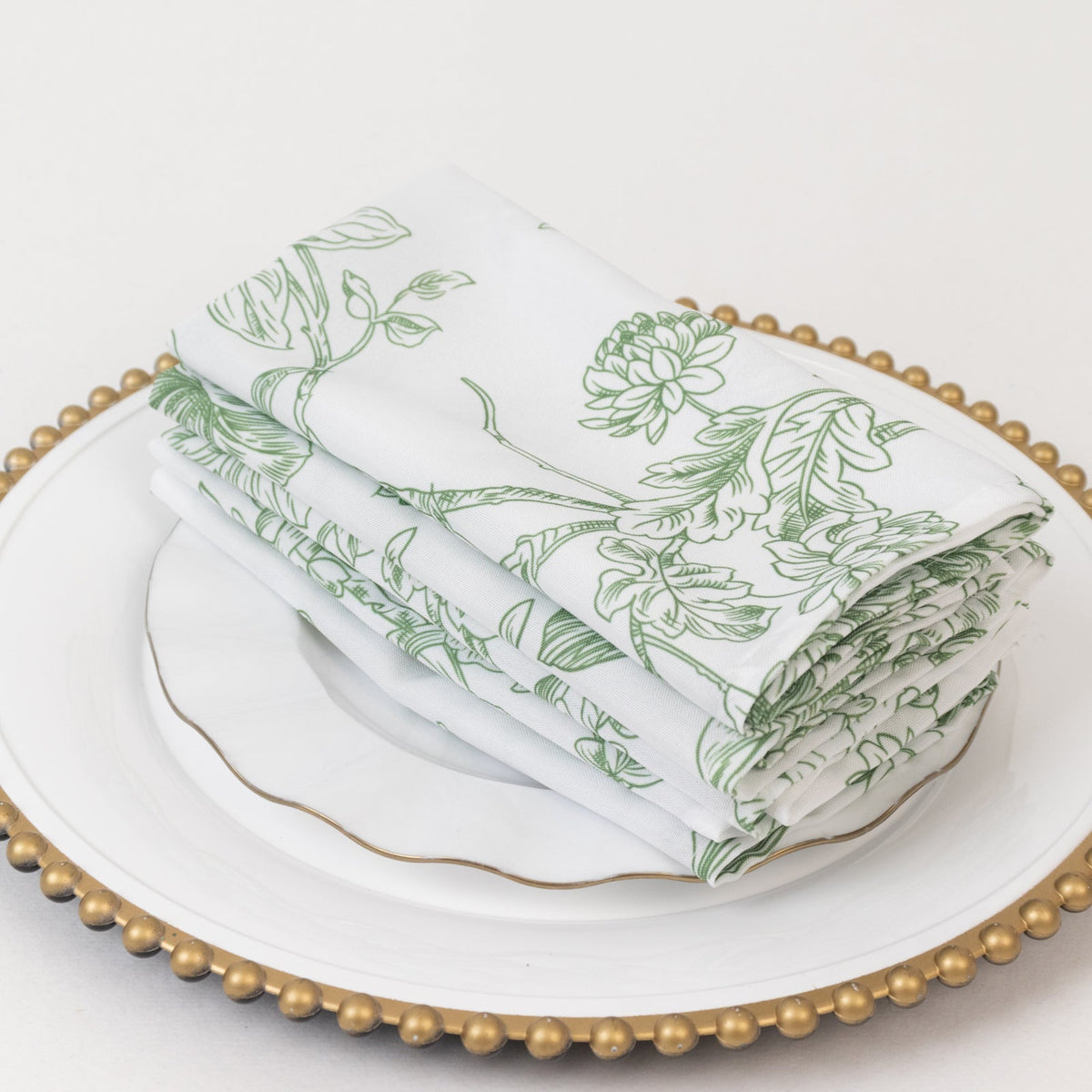 5-Pack French Toile Polyester Cloth Napkins – 17"x17" Dusty Sage Green and White Reusable Table Napkins in Floral Design for Events & Dining