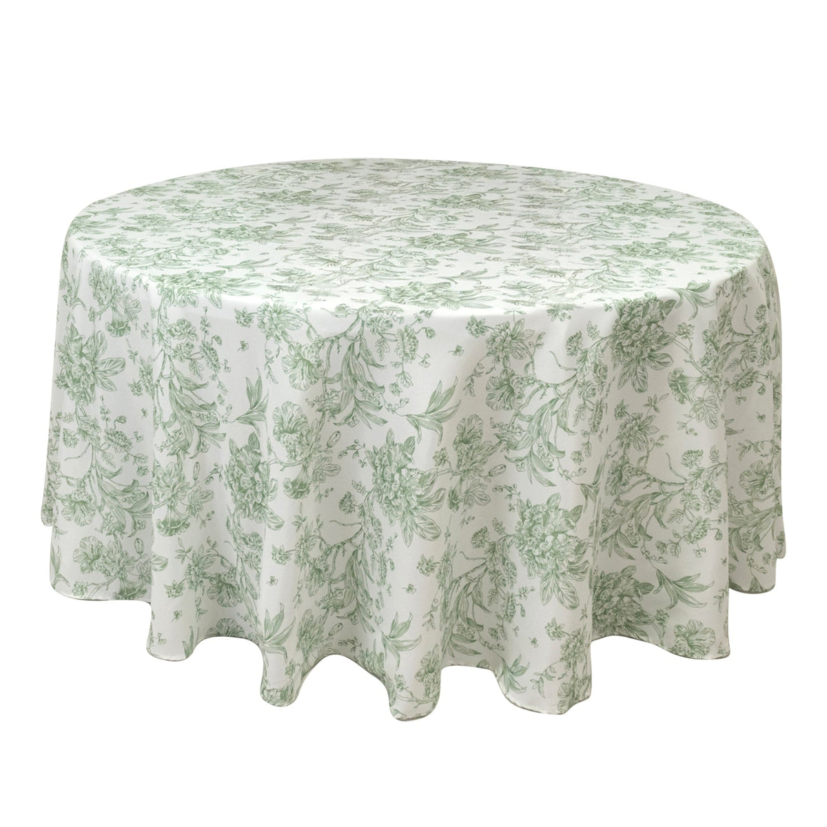 Polyester 120" Round Tablecloth White - Dusty Sage Green French Toile Pattern for Chic Weddings