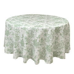 Polyester 120" Round Tablecloth White - Dusty Sage Green French Toile Pattern for Chic Weddings