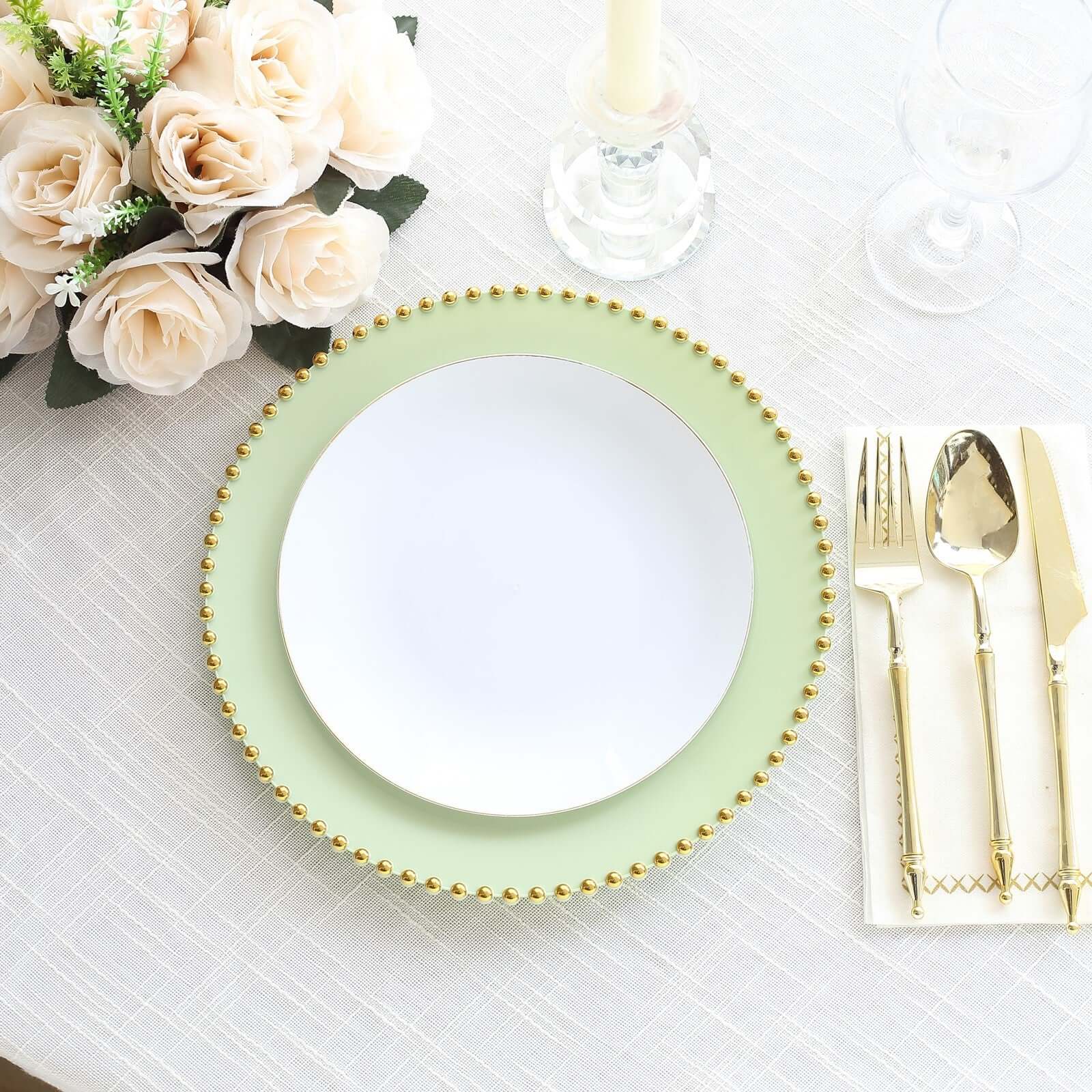 10-Pack Plastic 10" Round Dinner Plates in Sage Green with Gold Beaded Rim - Disposable Party Plates for Banquets & Festive Occasions