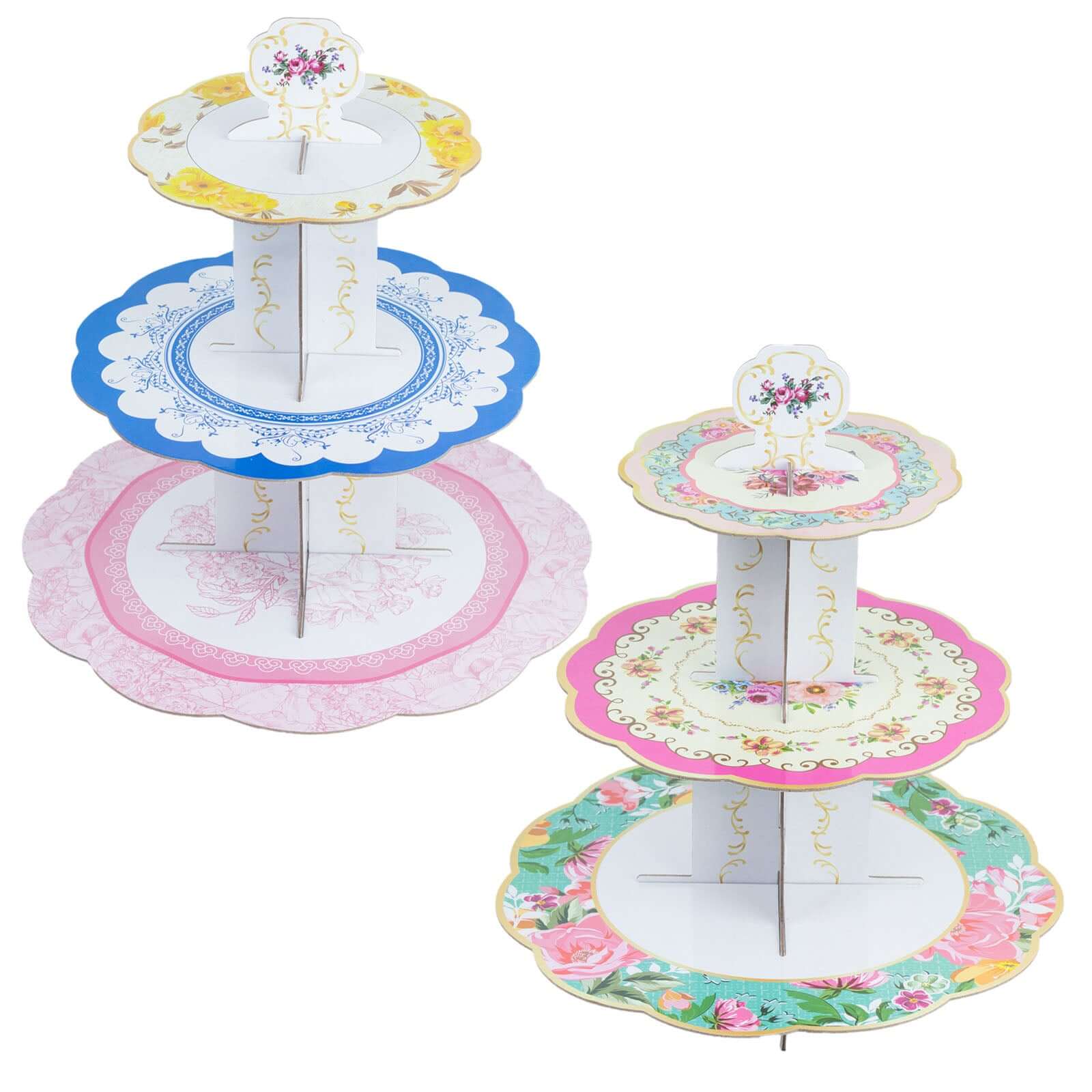 2-Pack Cardboard Round Cupcake Stand Assorted Floral Design - 3-Tier Reusable Dessert Display Pedestal With Scalloped Edges for Garden-Themed Celebrations 14"