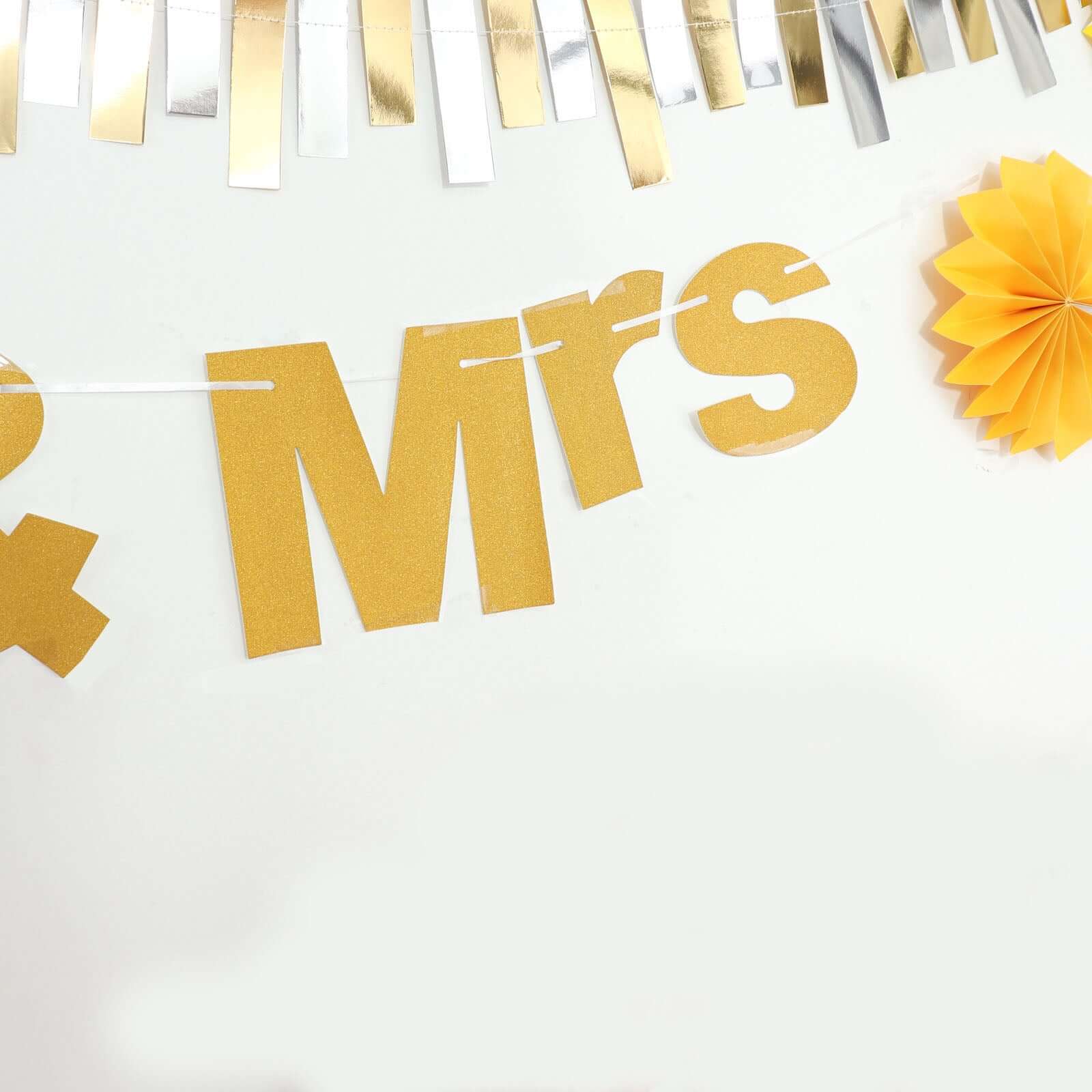 3ft Gold Glittered Mr and Mrs Paper Hanging Wedding Anniversary Banner, Party Garland Banner