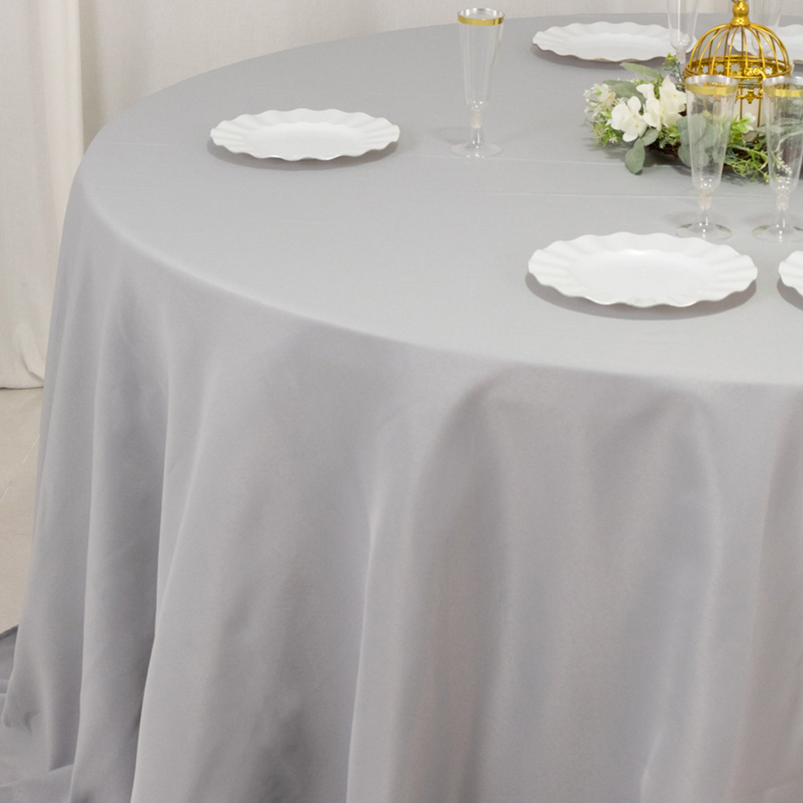 Premium Polyester 132" Round Tablecloth Silver - Seamless 220GSM Wrinkle-Resistant Table Cover