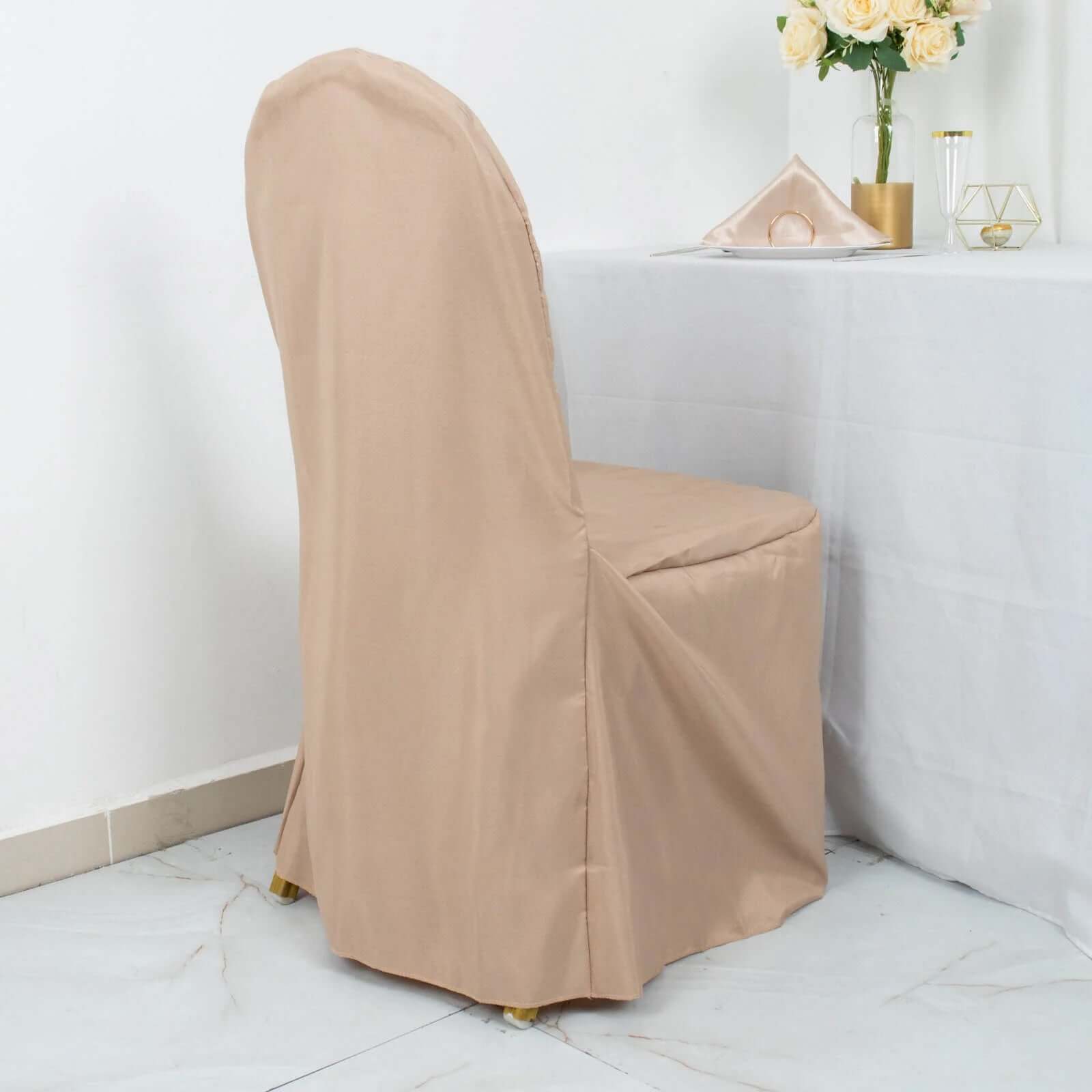 10 Pack Polyester Chair Cover for Banquet Chairs Nude - Stain-Resistant Reusable Slip-On Slipcover