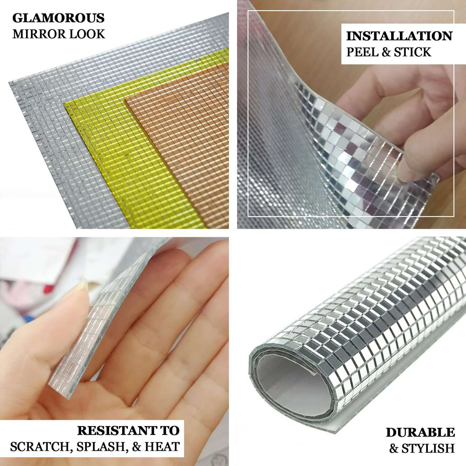 10 Pack 10 Sq ft Silver Peel and Stick Backsplash, Mosaic Mirror Wall Tiles