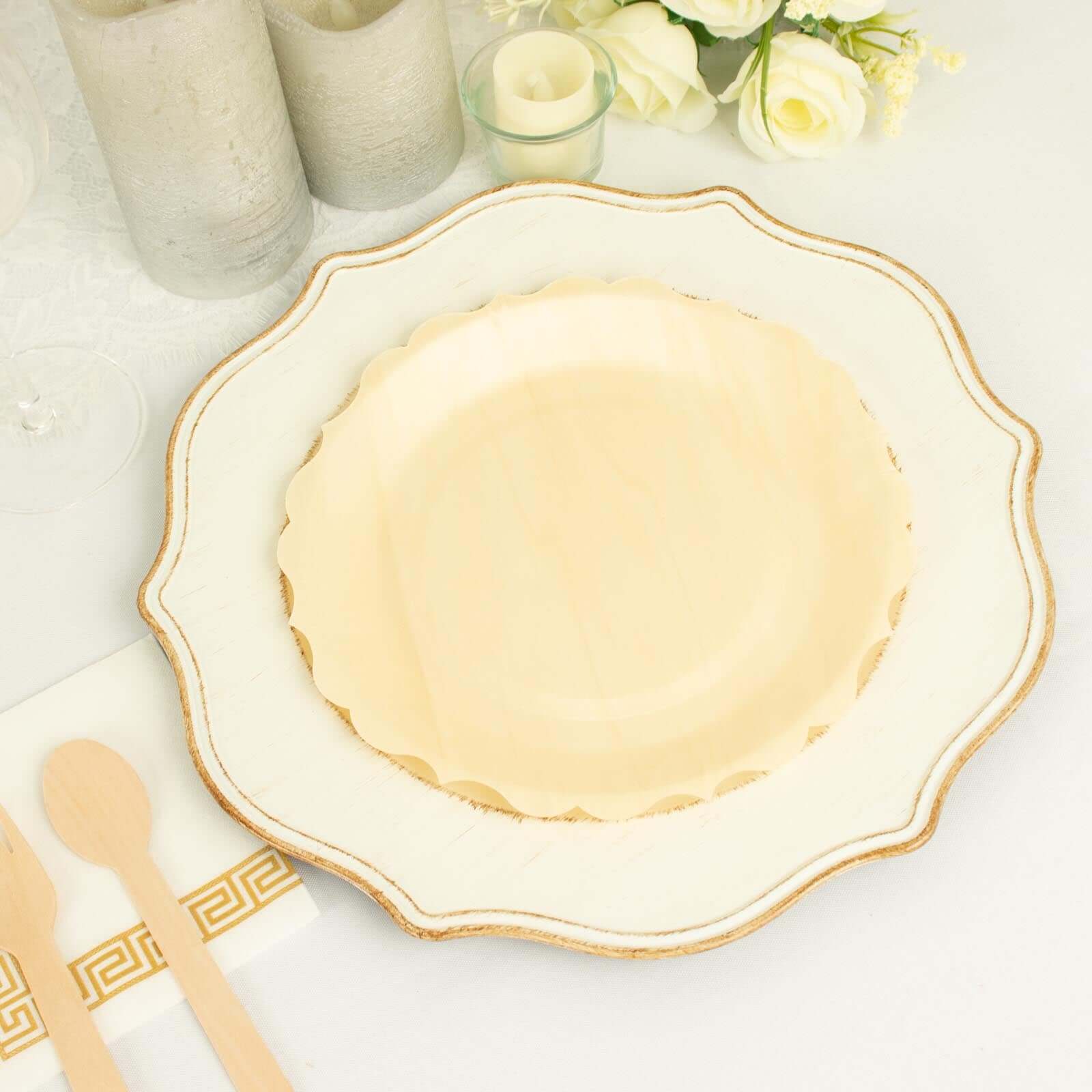 12-Pack Birchwood 9" Round Dinner Plates in Natural with Scalloped Rim - Eco Friendly Wooden Disposable Plates for Farmhouse-Style Events, Parties & Gatherings
