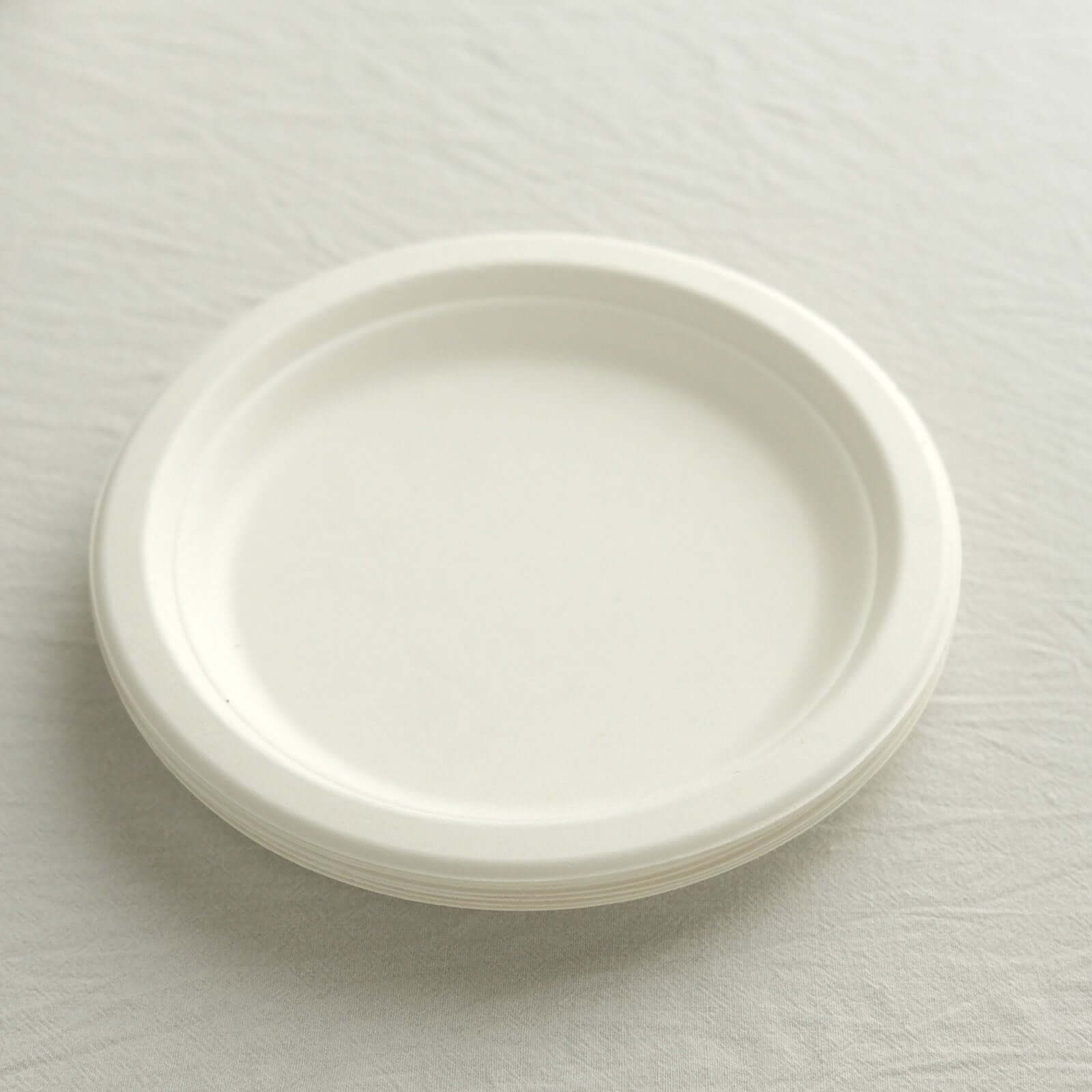50-Pack Bagasse 7" Round Dessert Plates in White - Biodegradable Disposable Sugarcane Appetizer Salad Plates for Outdoor Celebrations & Picnics