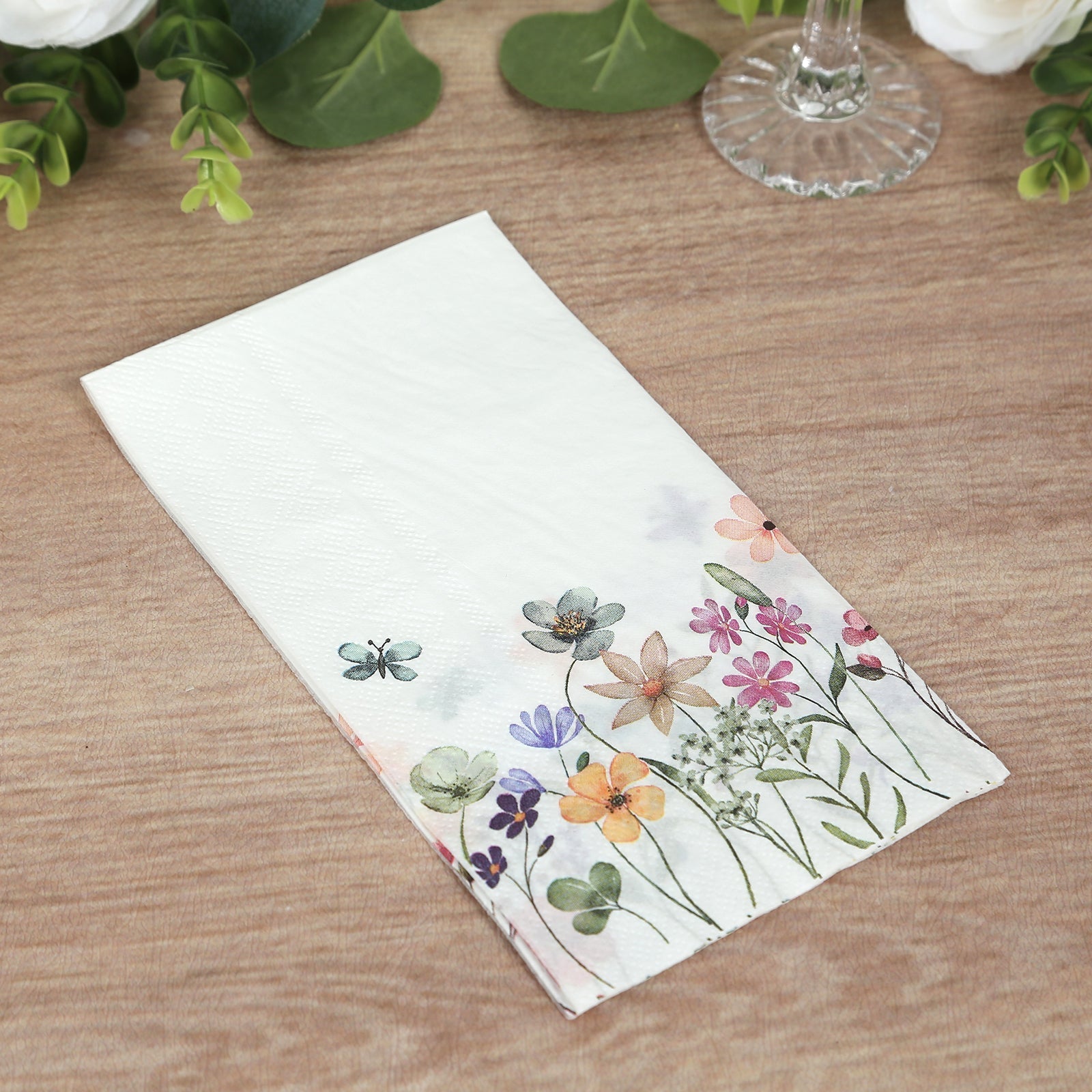 50-Pack Paper Dinner Napkins Wildflower Butterfly Design 2 Ply - Soft Disposable Napkins for Parties 8"x4"