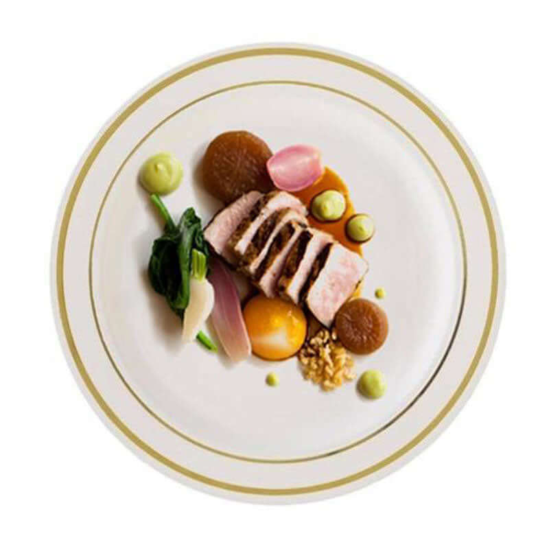 10-Pack Plastic Dessert Plates Ivory with Très Chic Gold Rim - Disposable Plates for Parties 8"