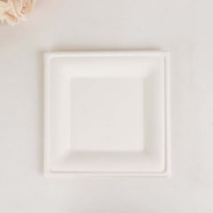 50-Pack Bagasse 10" Square Dinner Plates in White with Wide Rim - Eco Friendly Biodegradable Sugarcane Party Plates for Events